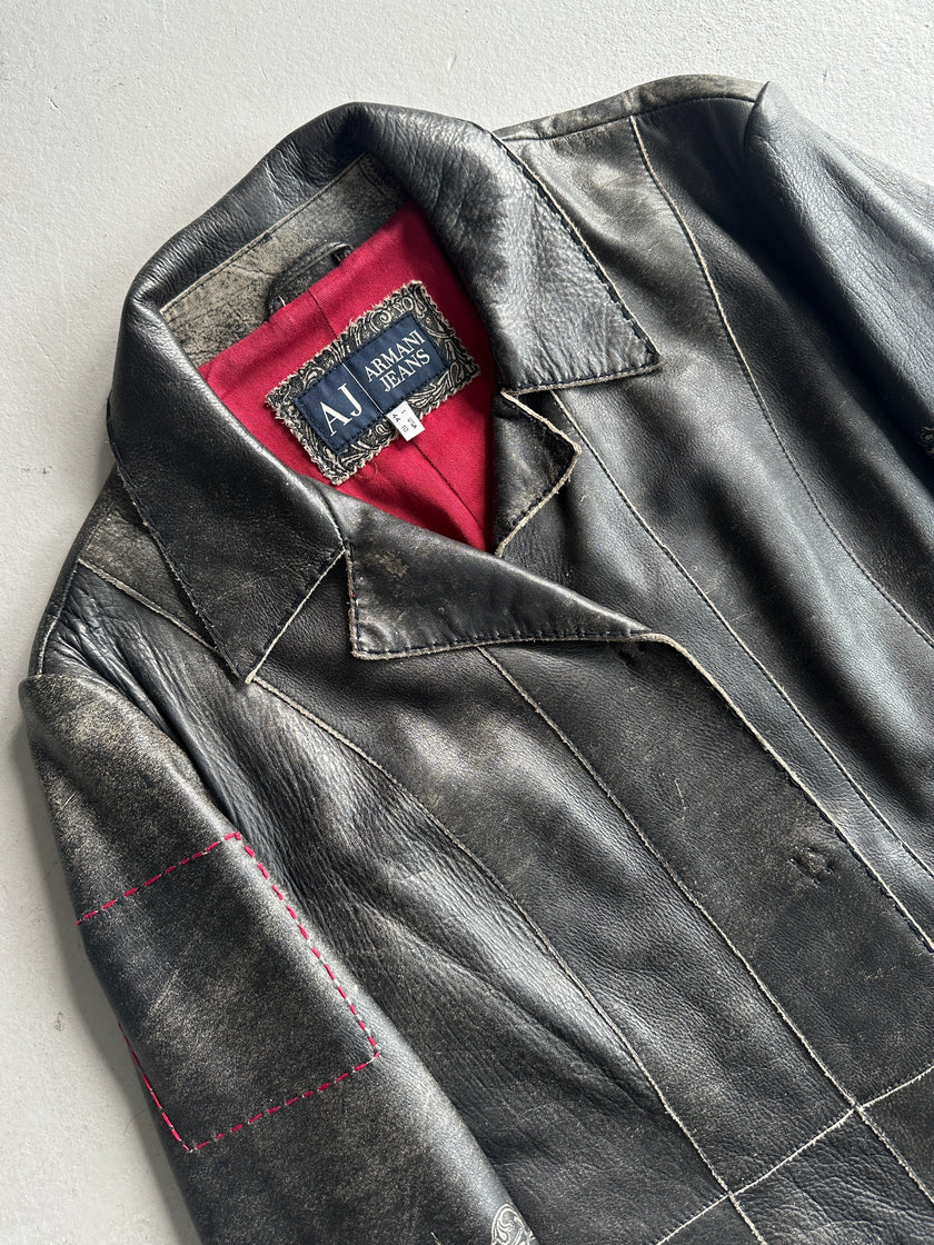 ARMANI JEANS - 1990s DISTRESSED LEATHER ORNAMENTAL PRINTS JACKET