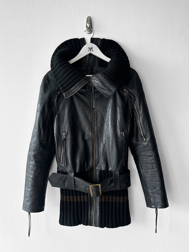 JAPANESE LABEL - late 1990s LEATHER JACKET WITH KNITTED HEM AND ZIP AT BACK