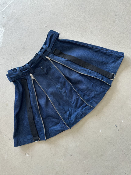 1990s DOUBLE FLAPPY LAYERED BONDAGE MULTI ZIP DENIM SKIRT