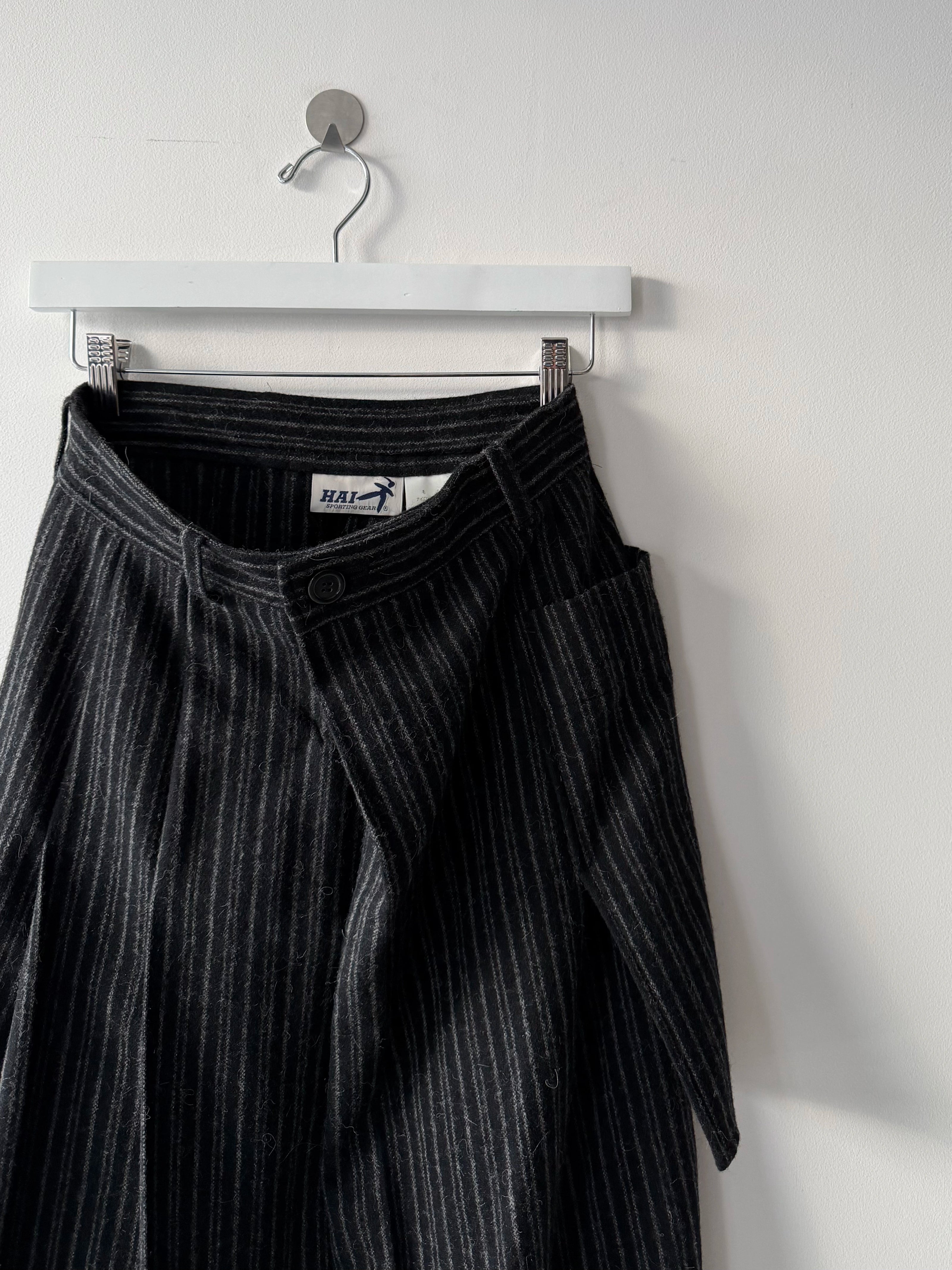 ISSEY MIYAKE HAI - 1980s PLEATED PINSTRIPED MAXI WOOL SKIRT WITH OVERSIZED POCKET