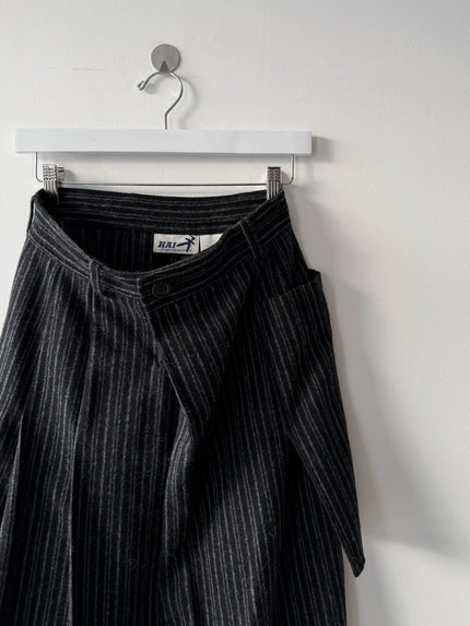 ISSEY MIYAKE HAI - 1980s PLEATED PINSTRIPED MAXI WOOL SKIRT WITH OVERSIZED POCKET