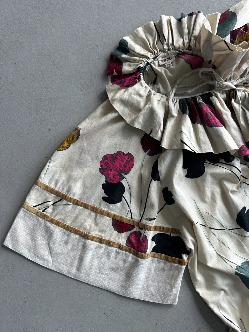 KENZO - 1990s FLORAL PRINT RUFFLED COLLAR SHORT SLEEVE TOP