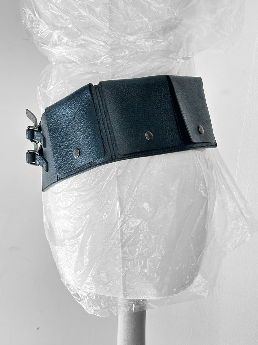 HIROKO KOSHINO - 1990s LEATHER WAIST BELT WITH THREE FLAP POCKETS