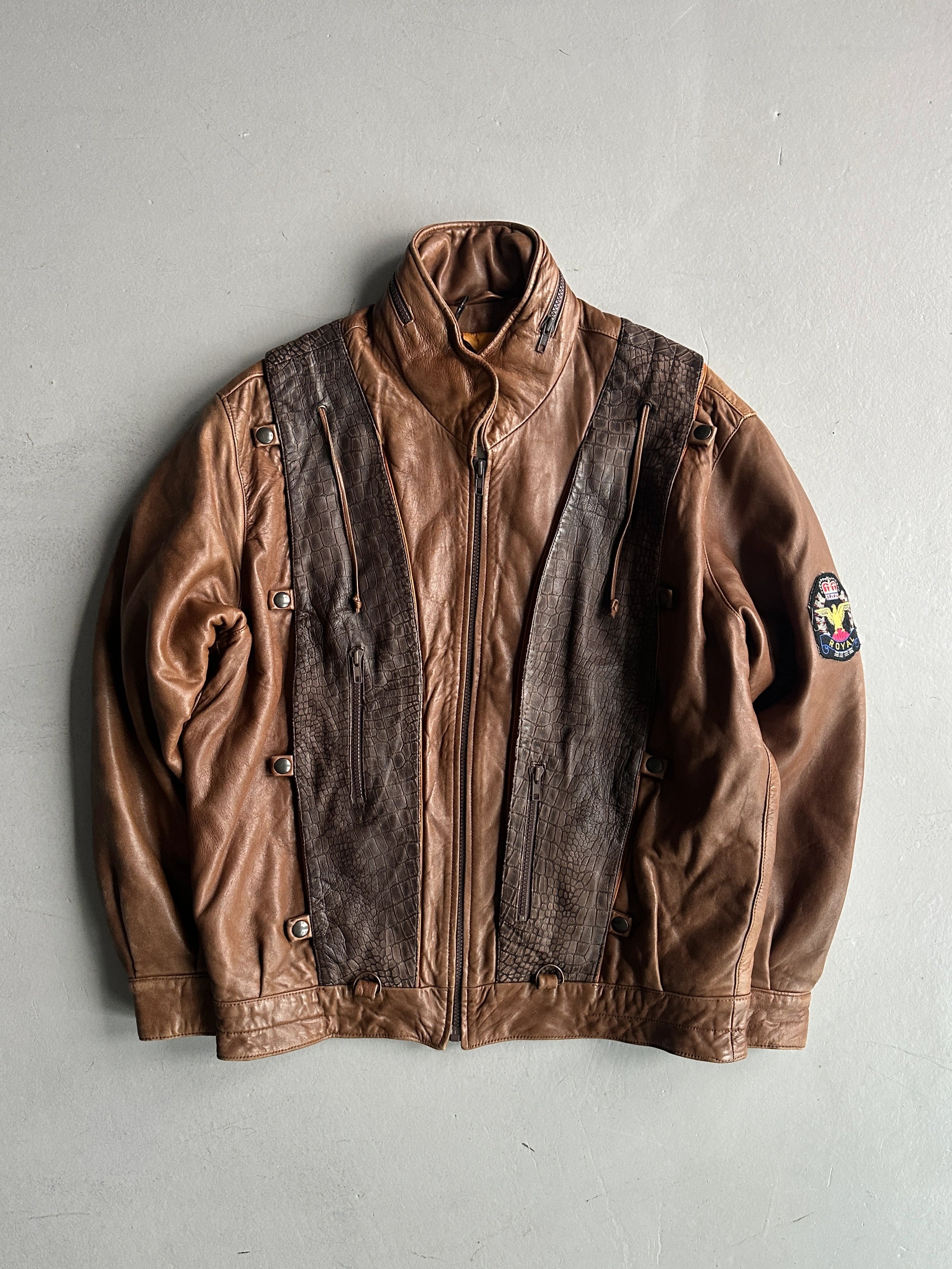1990s PANELED BOMBER LEATHER JACKET WITH CROCODILE PRINT YOKE