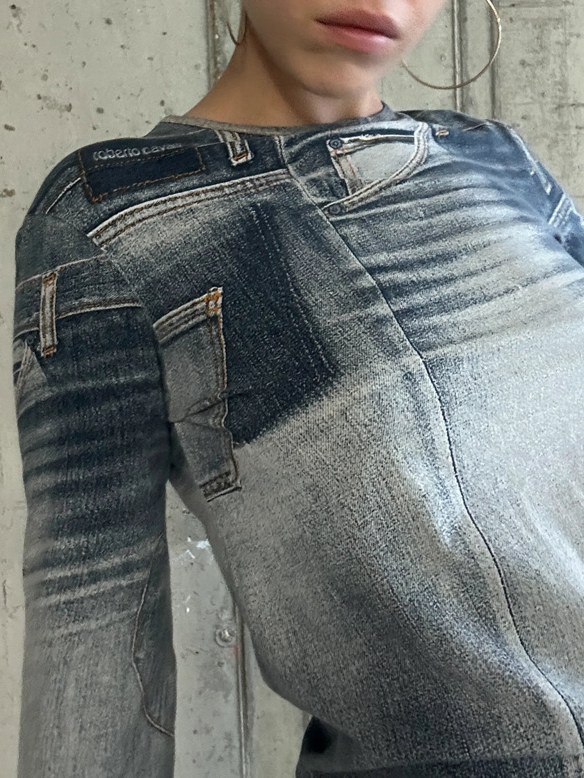 ROBERTO CAVALLI - 2000s DENIM PRINT LONG SLEEVE TOP