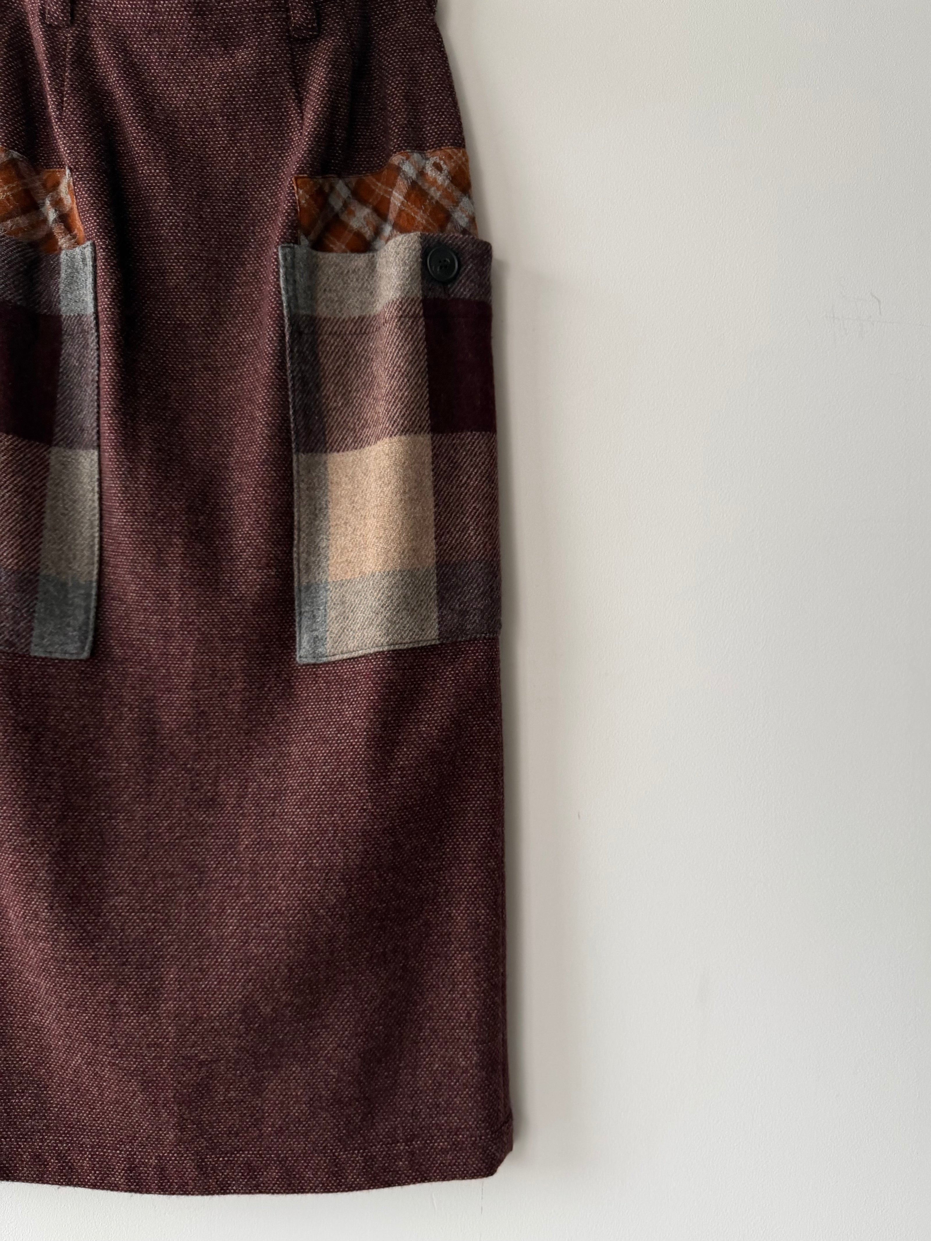 ISSEY MIYAKE HAI - 1980s MAXI WOOL SKIRT WITH CONTRASTING PLAID OVERSIZED POCKETS