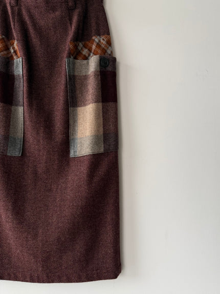 ISSEY MIYAKE HAI - 1980s MAXI WOOL SKIRT WITH CONTRASTING PLAID OVERSIZED POCKETS