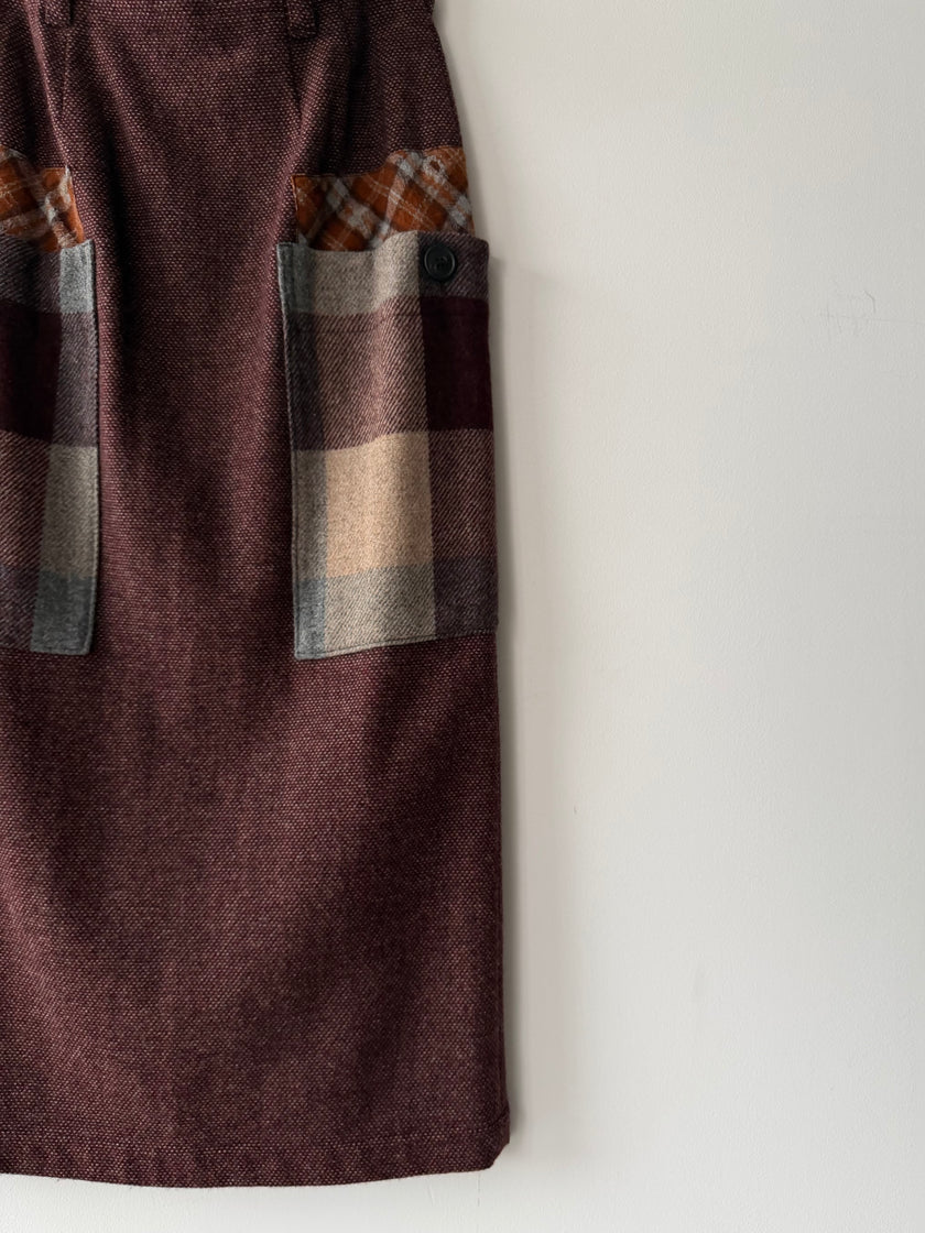 ISSEY MIYAKE HAI - 1980s MAXI WOOL SKIRT WITH CONTRASTING PLAID OVERSIZED POCKETS