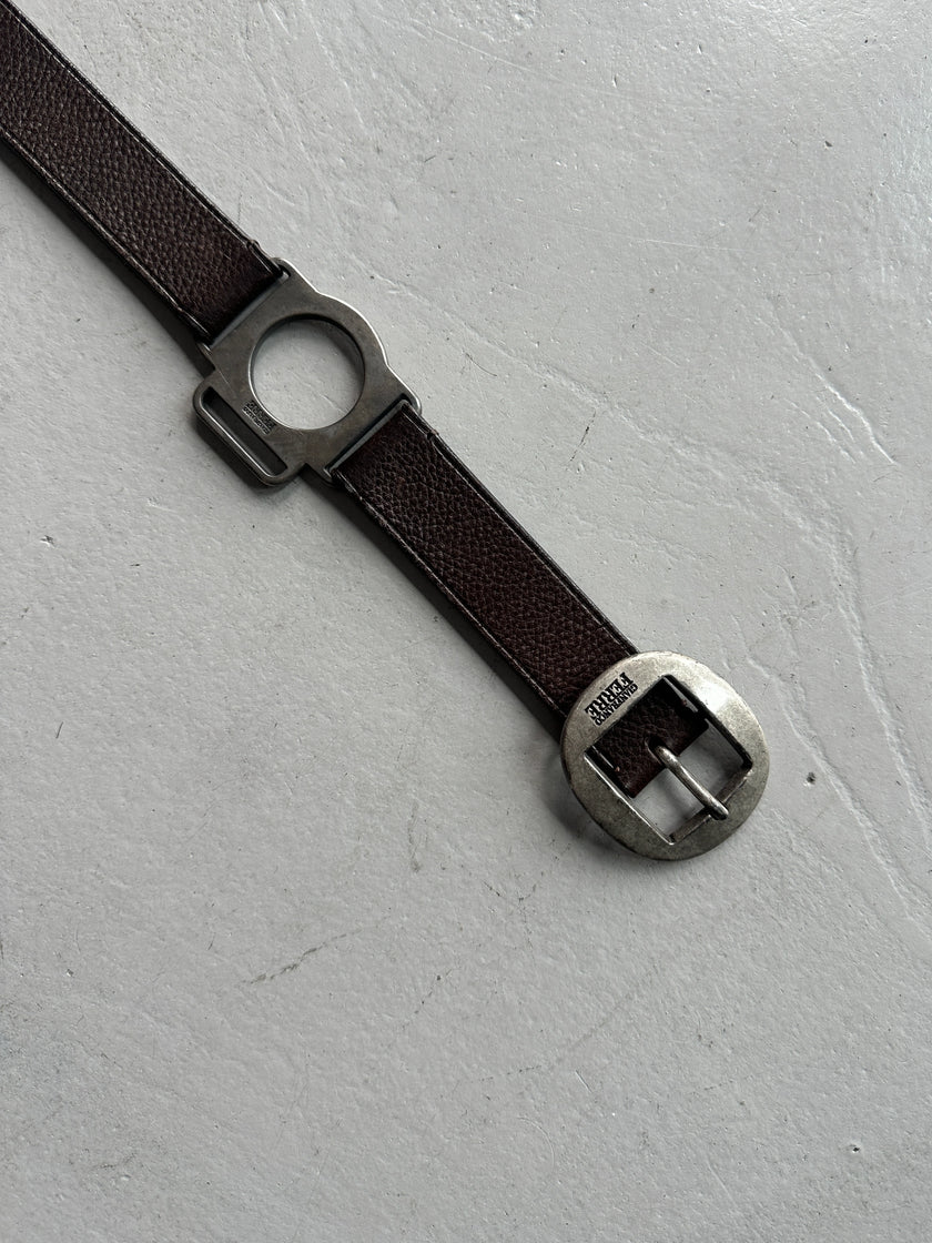 GIANFRANCO FERRÉ - 1990s LEATHER BELT WITH GEOMETRIC METAL CONNECTORS