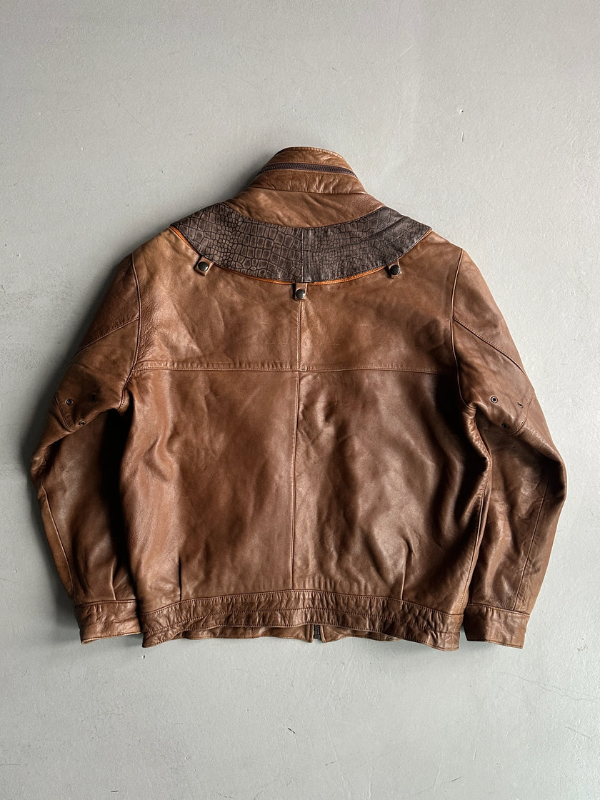 1990s PANELED BOMBER LEATHER JACKET WITH CROCODILE PRINT YOKE
