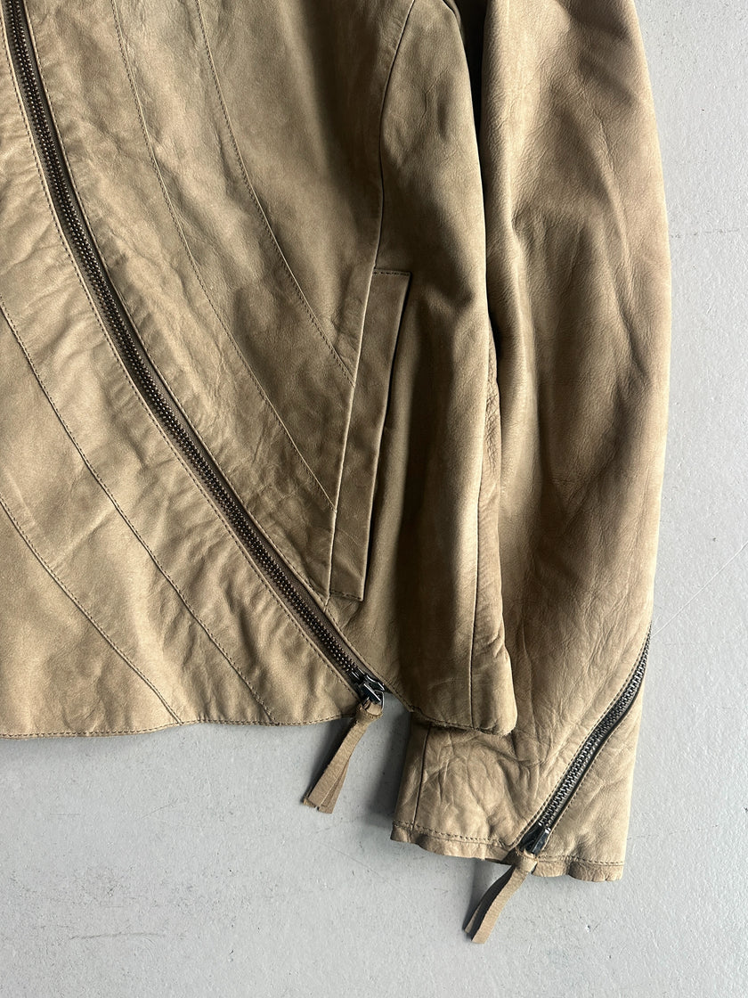 EMPORIO ARMANI - A/W 2011 ASYMMETRICAL ZIP FUNNEL NECK COLLAR CALF LEATHER JACKET