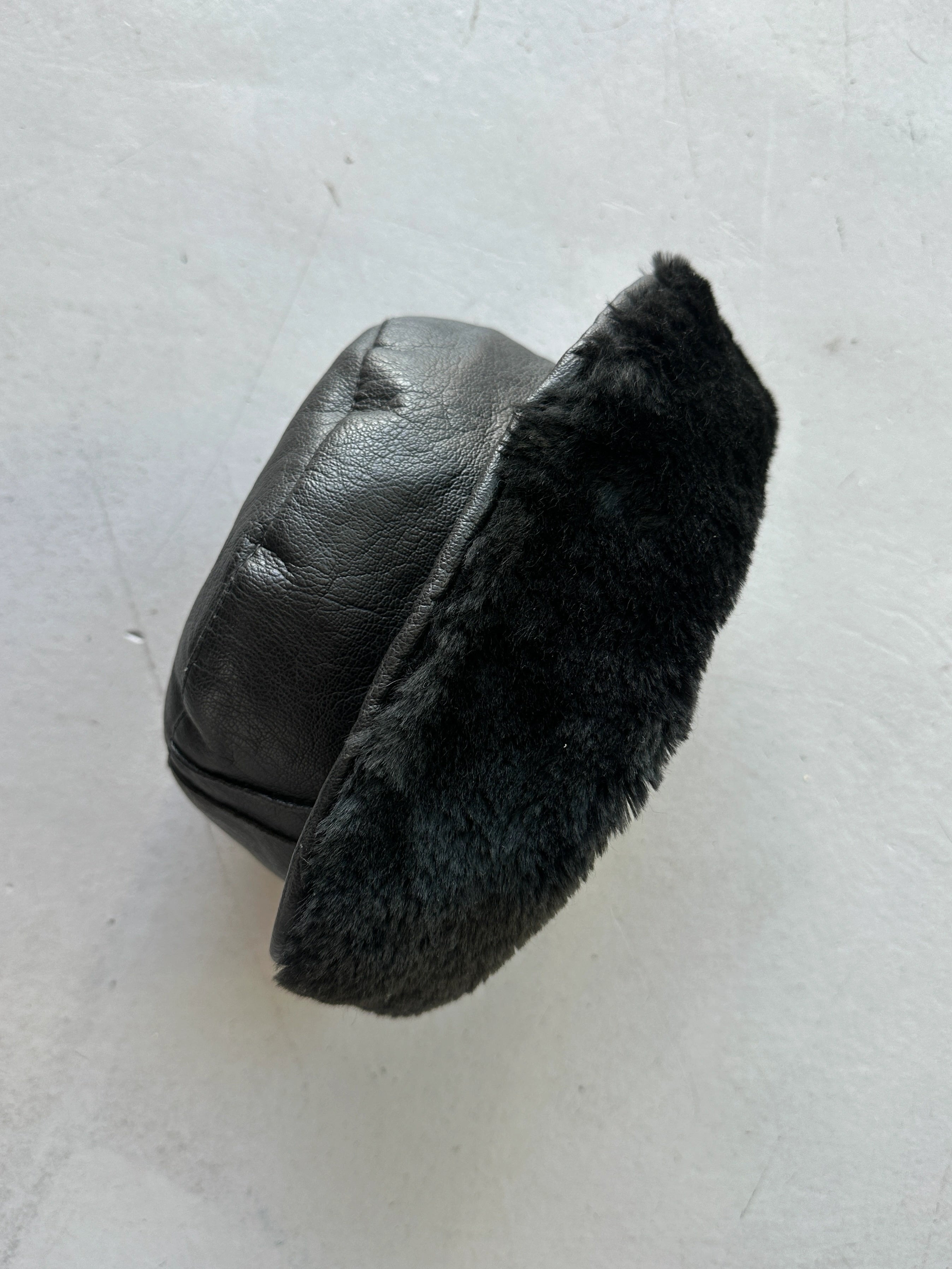 1970s LEATHER BUCKET HAT WITH FAUX FUR BRIM AND LINING