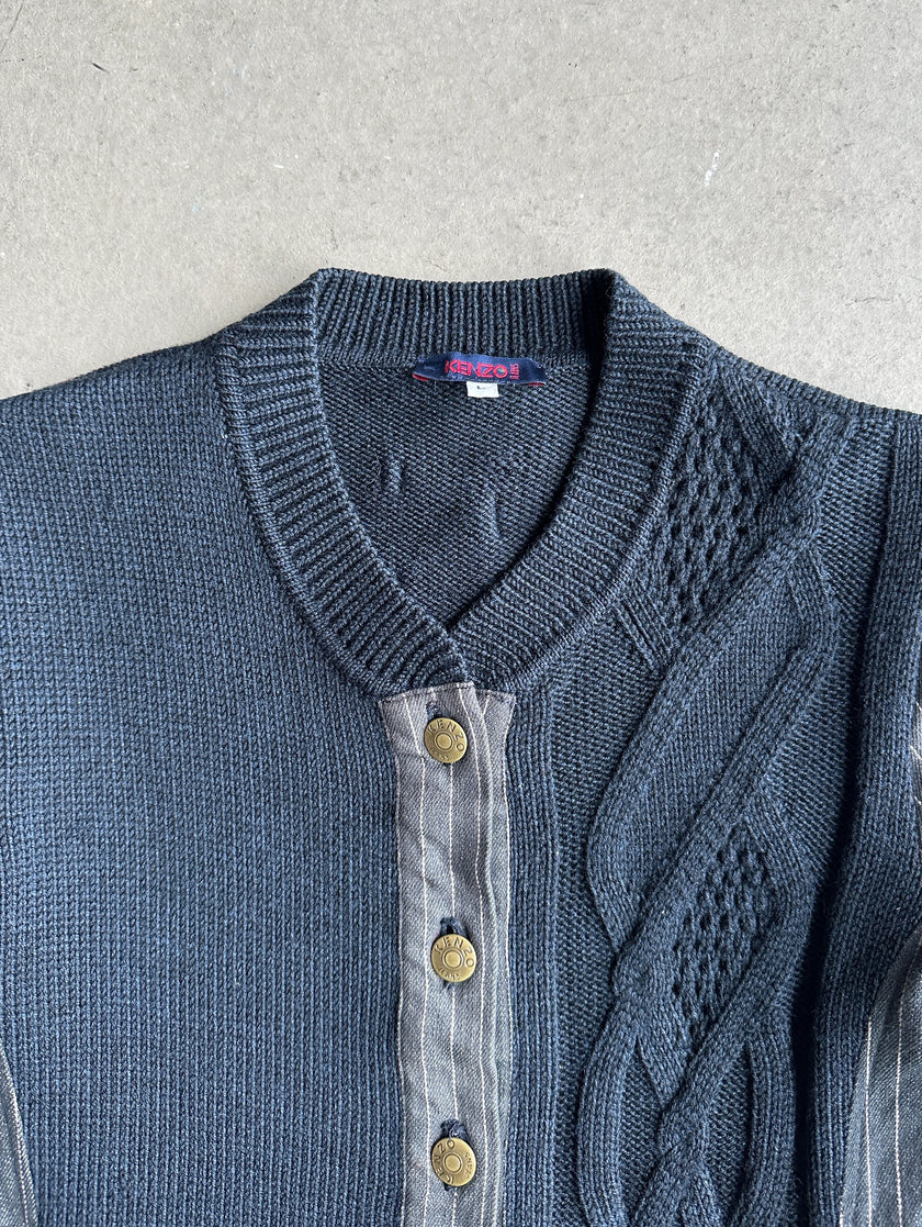 KENZO - 1990s PANELED KNIT CARDIGAN WITH STRIPED SLEEVE