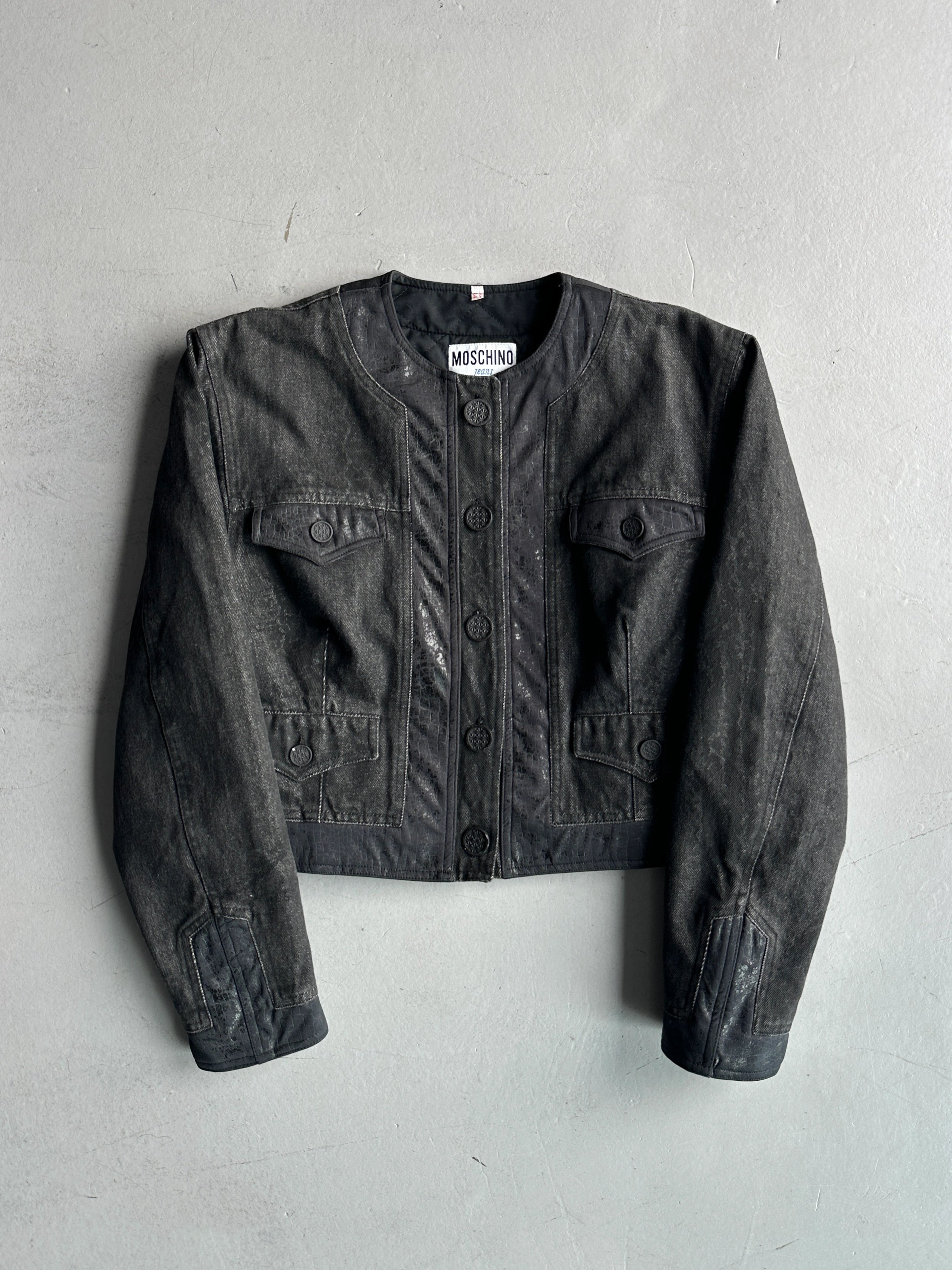 MOSCHINO - 1980s COLLARLESS CROP FIT PADDED DENIM JACKET