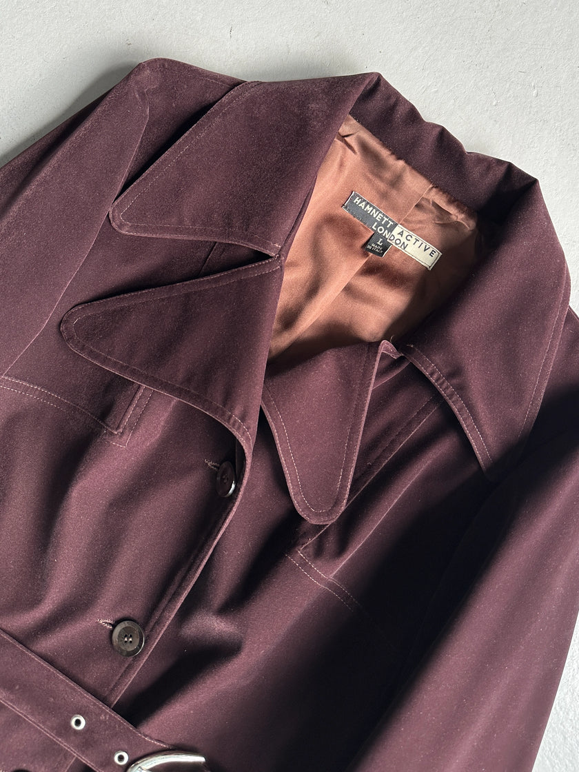 KATHARINE HAMNETT - 1990s VELVET BELTED TRENCH COAT