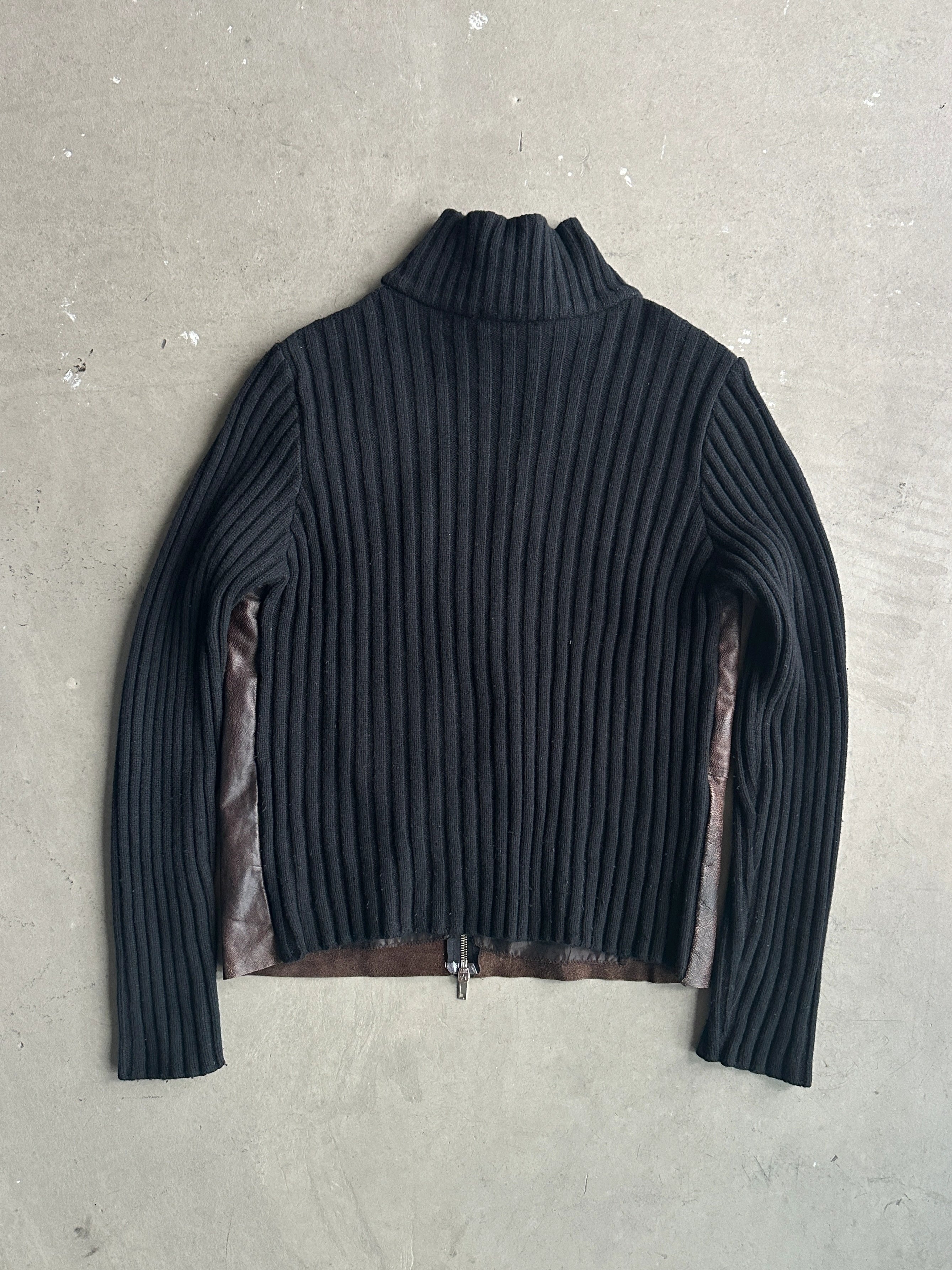 1990s LEATHER FRONT KNITTED ZIPPED CARDIGAN