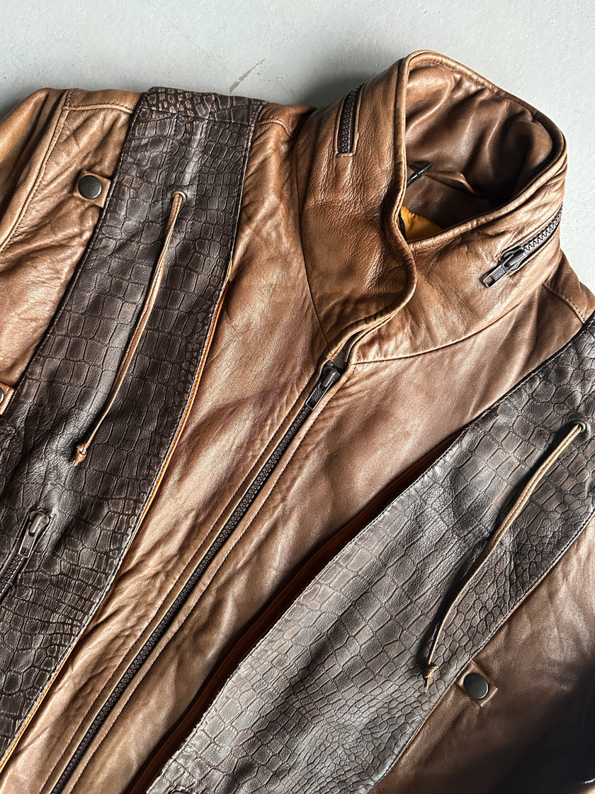 1990s PANELED BOMBER LEATHER JACKET WITH CROCODILE PRINT YOKE