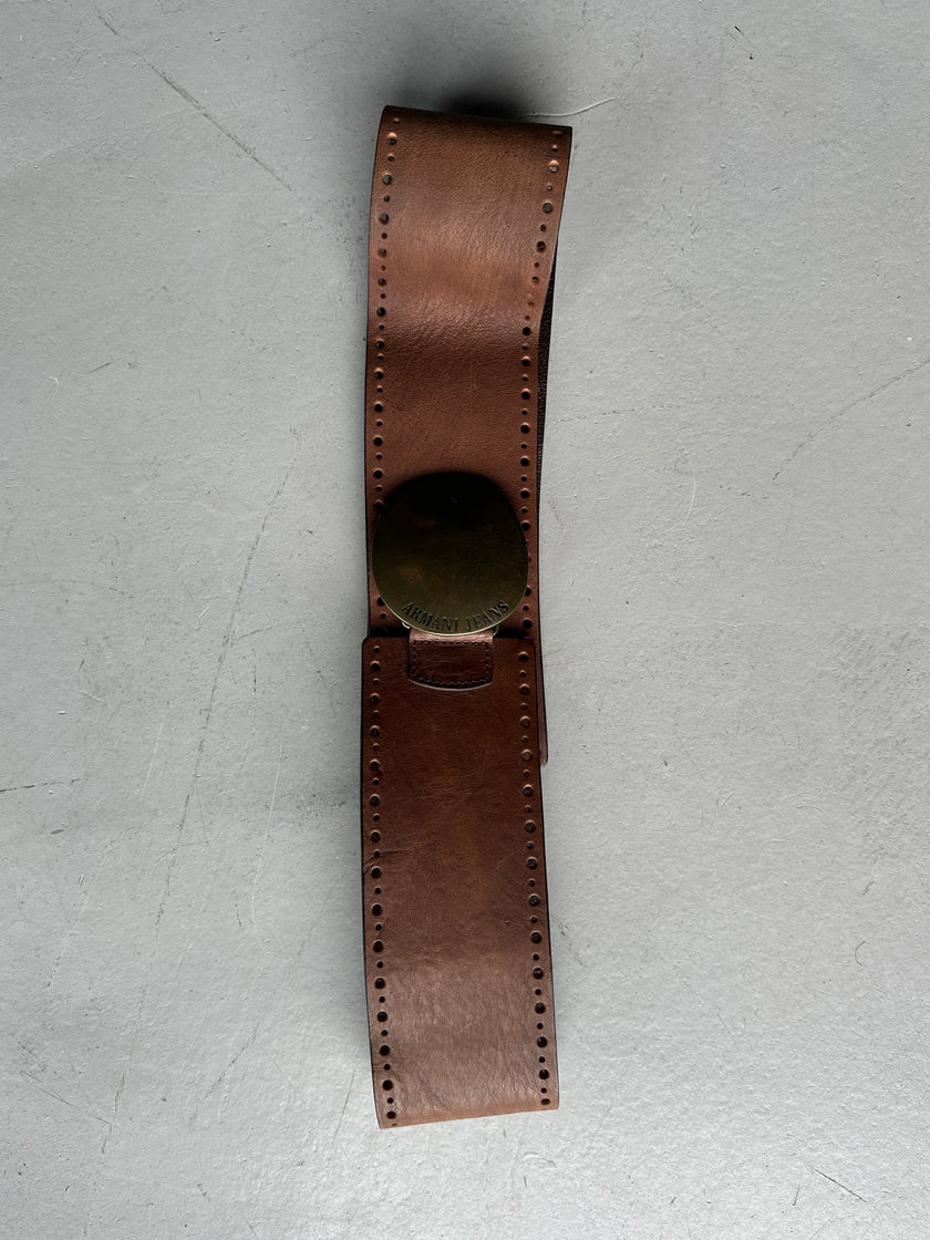 ARMANI JEANS - early 2000s WIDE BELT WITH OVERSIZED ROUNDED BRUSHED BRASS BUCKLE