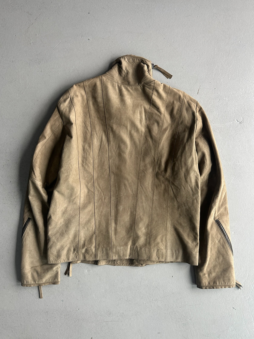 EMPORIO ARMANI - A/W 2011 ASYMMETRICAL ZIP FUNNEL NECK COLLAR CALF LEATHER JACKET