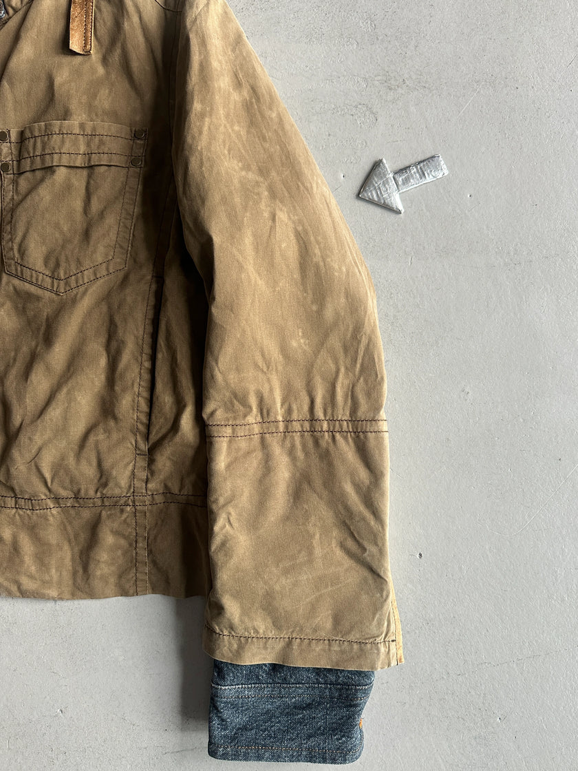 DSQUARED2 - F/W 2002 HOMELESS COLLECTION LAYERED DENIM SLEEVE JACKET WITH LEATHER DETAILS