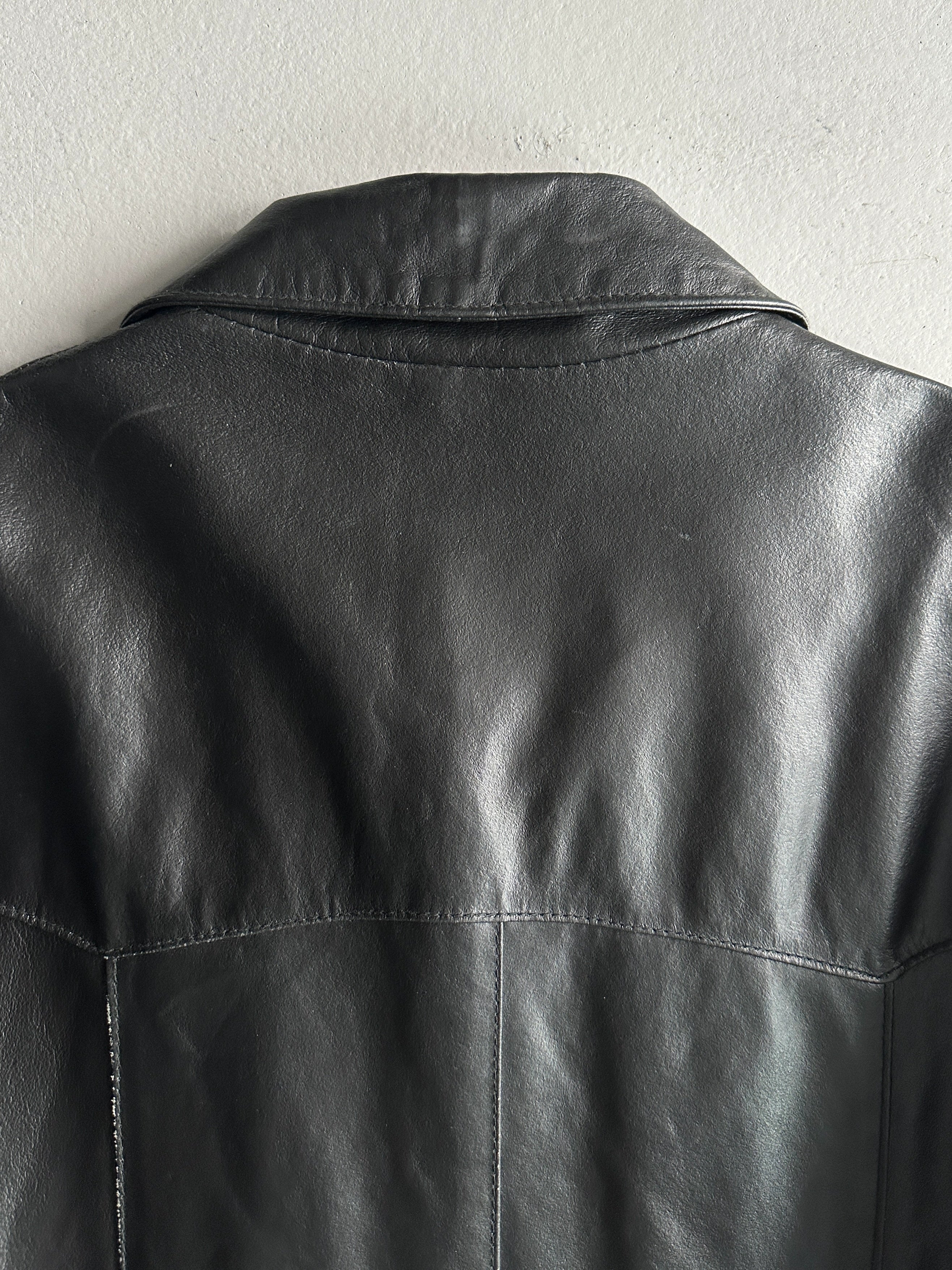 1990s MIDI LENGHT LEATHER COAT WITH CONTRASTING BUTTONS