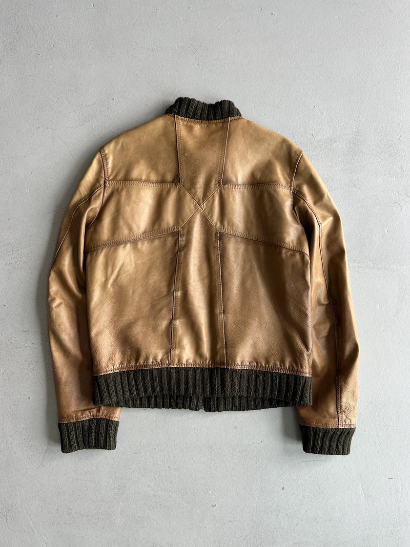 JOHN RICHMOND X - F/W 2005 LEATHER BIKER JACKET WITH KNITTED COLLAR