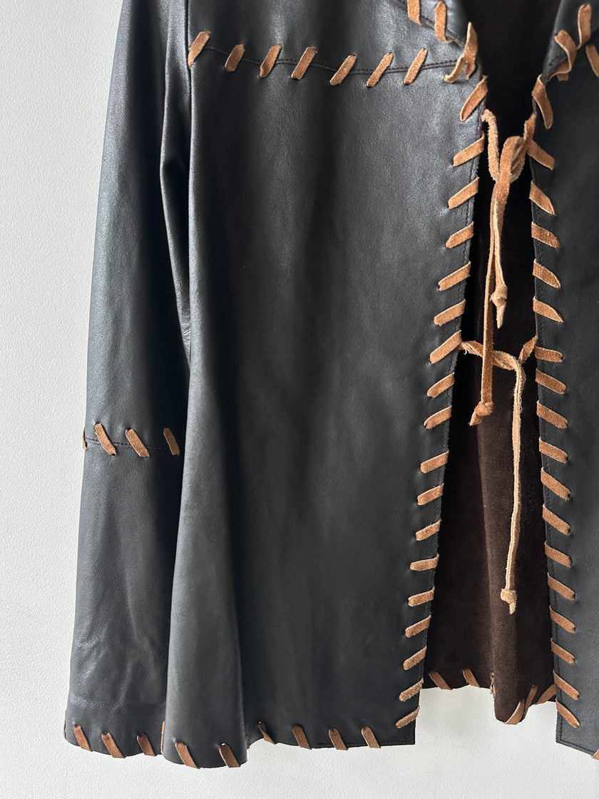 ITALIAN LABEL early 2000s OPEN FRONT LEATHER JACKET WITH WHIPSTITCH DETAILS