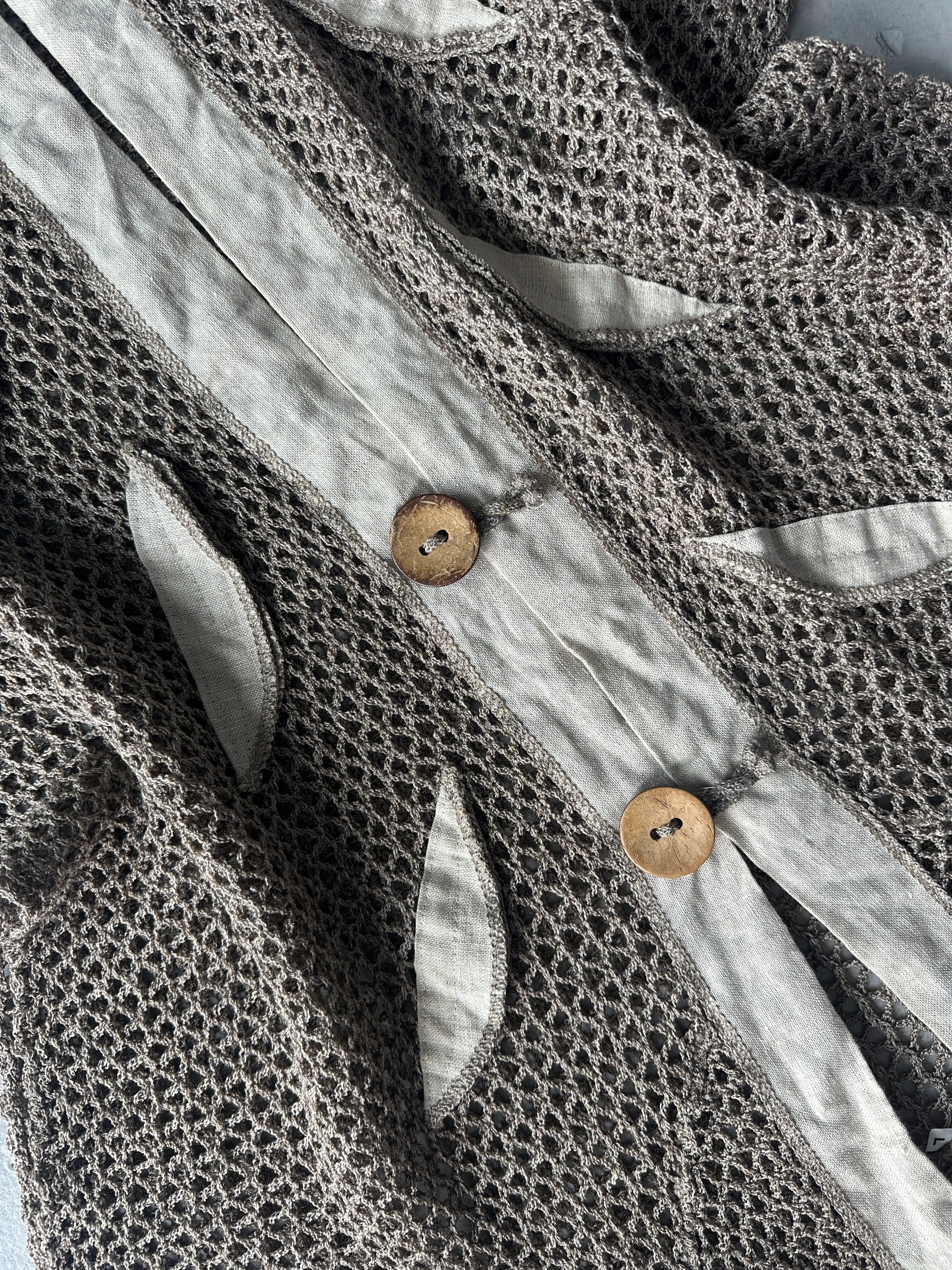 1990s OPEN KNIT HOODED CARDIGAN WITH LINEN DETAILS