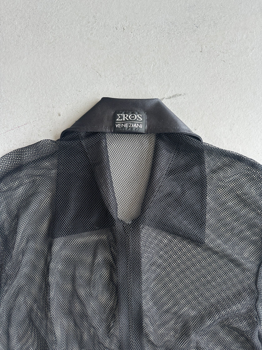 2000s ZIPPED MESH SHIRT WITH SATIN POINTED COLLAR