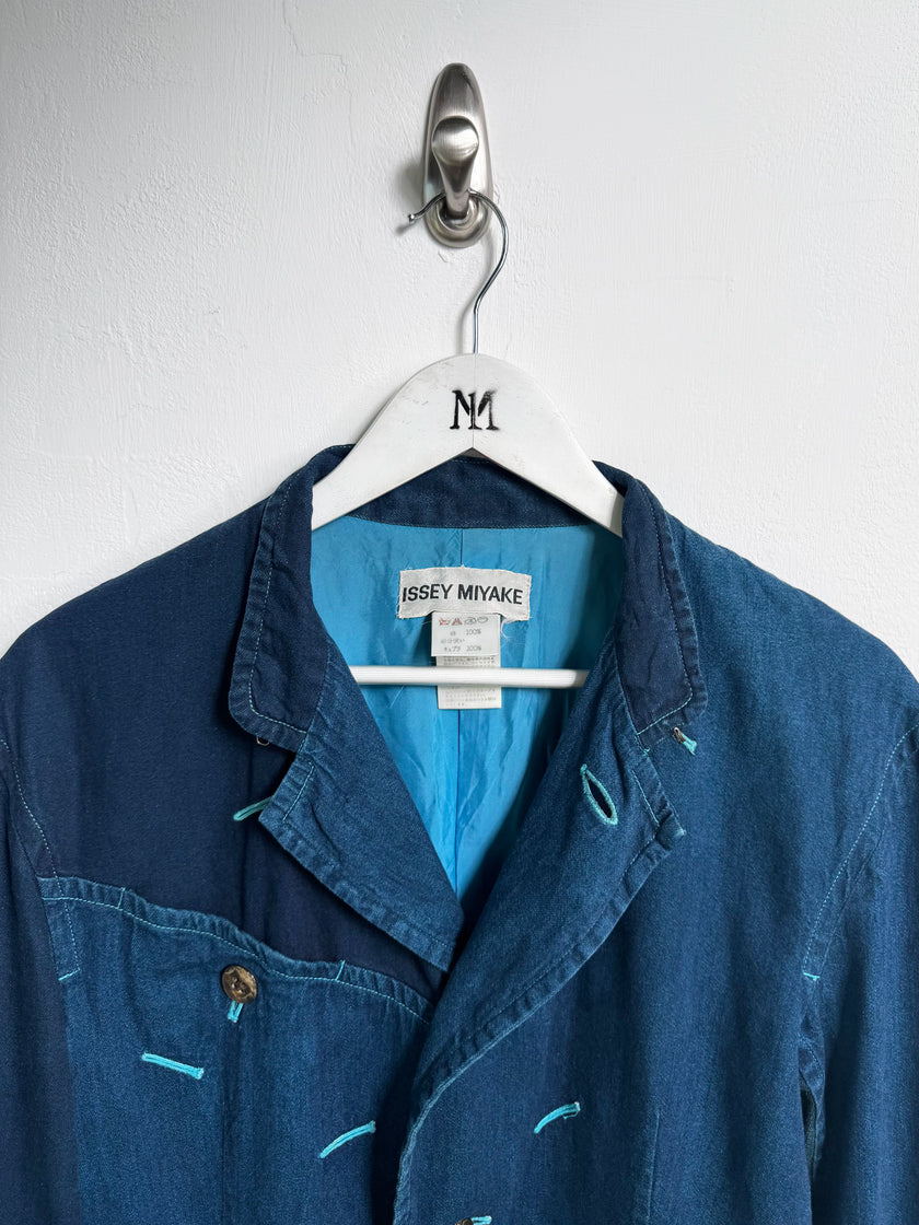 ISSEY MIYAKE - F/W 1993 PANELED DENIM JACKET WITH CONTRAST EMBROIDERED DETAILS ALL OVER