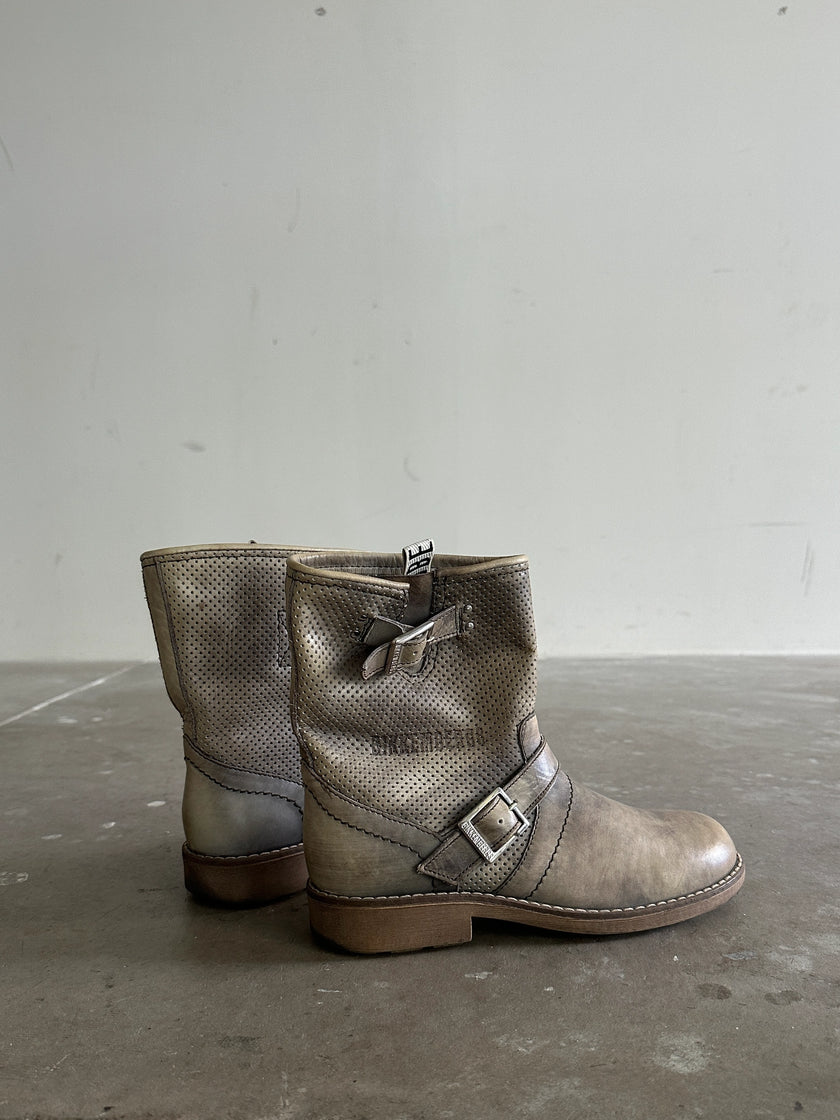 BIKKEMBERGS - 2000s PERFORATED DISTRESSED LEATHER ANKLE BOOTS