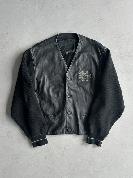 1980s KNITTED CARDIGAN JACKET WITH LEATHER FRONT