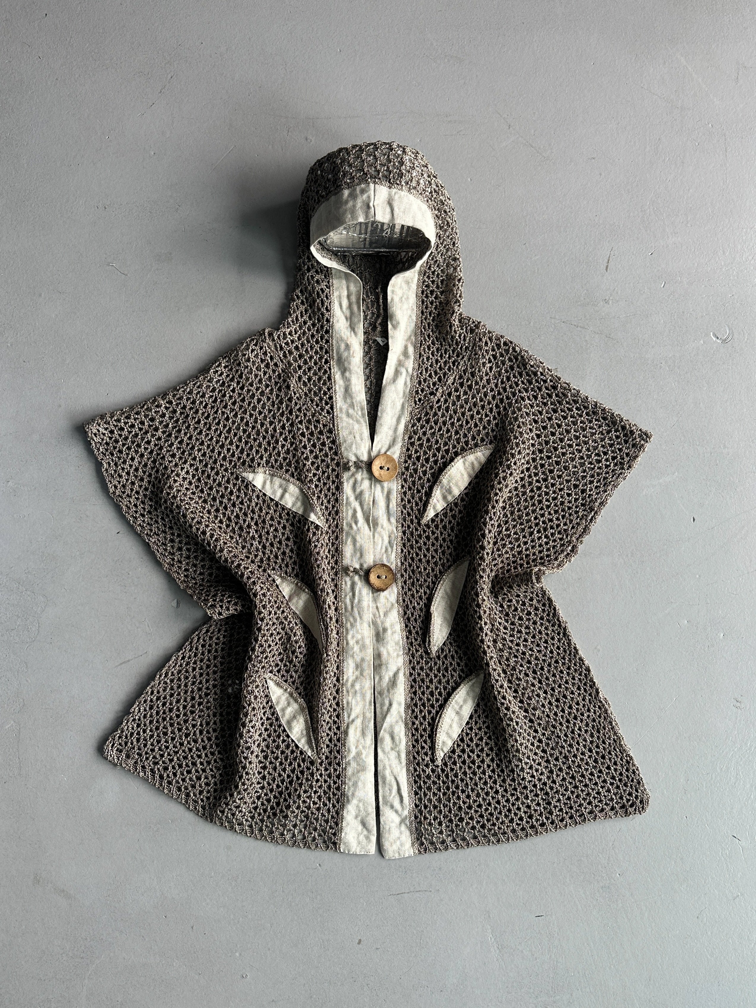 1990s OPEN KNIT HOODED CARDIGAN WITH LINEN DETAILS
