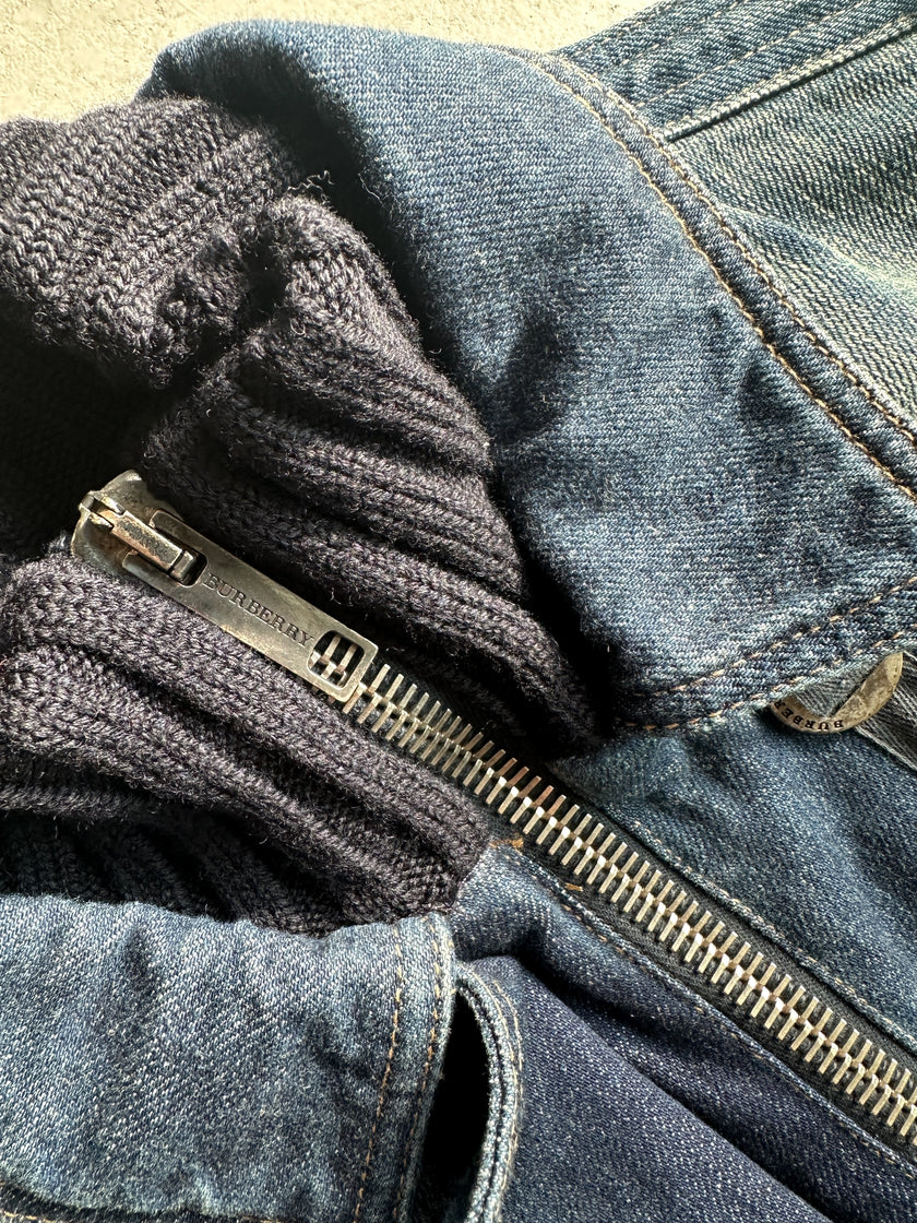 BURBERRY - 2000s DENIM BOMBER JACKET WITH KNITTED DETAILS