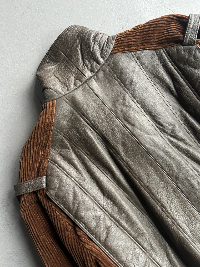 1980s OVERSIZED LEATHER BOMBER JACKET WITH CORDUROY SLEEVE