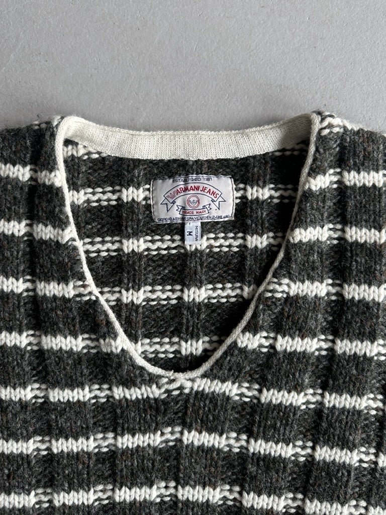 ARMANI JEANS - 1990s CHUNKY KNIT JUMPER WITH LOGO EMBROIDERED FRONT