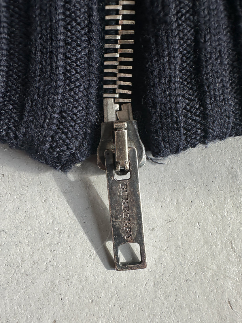 BURBERRY - 2000s DENIM BOMBER JACKET WITH KNITTED DETAILS