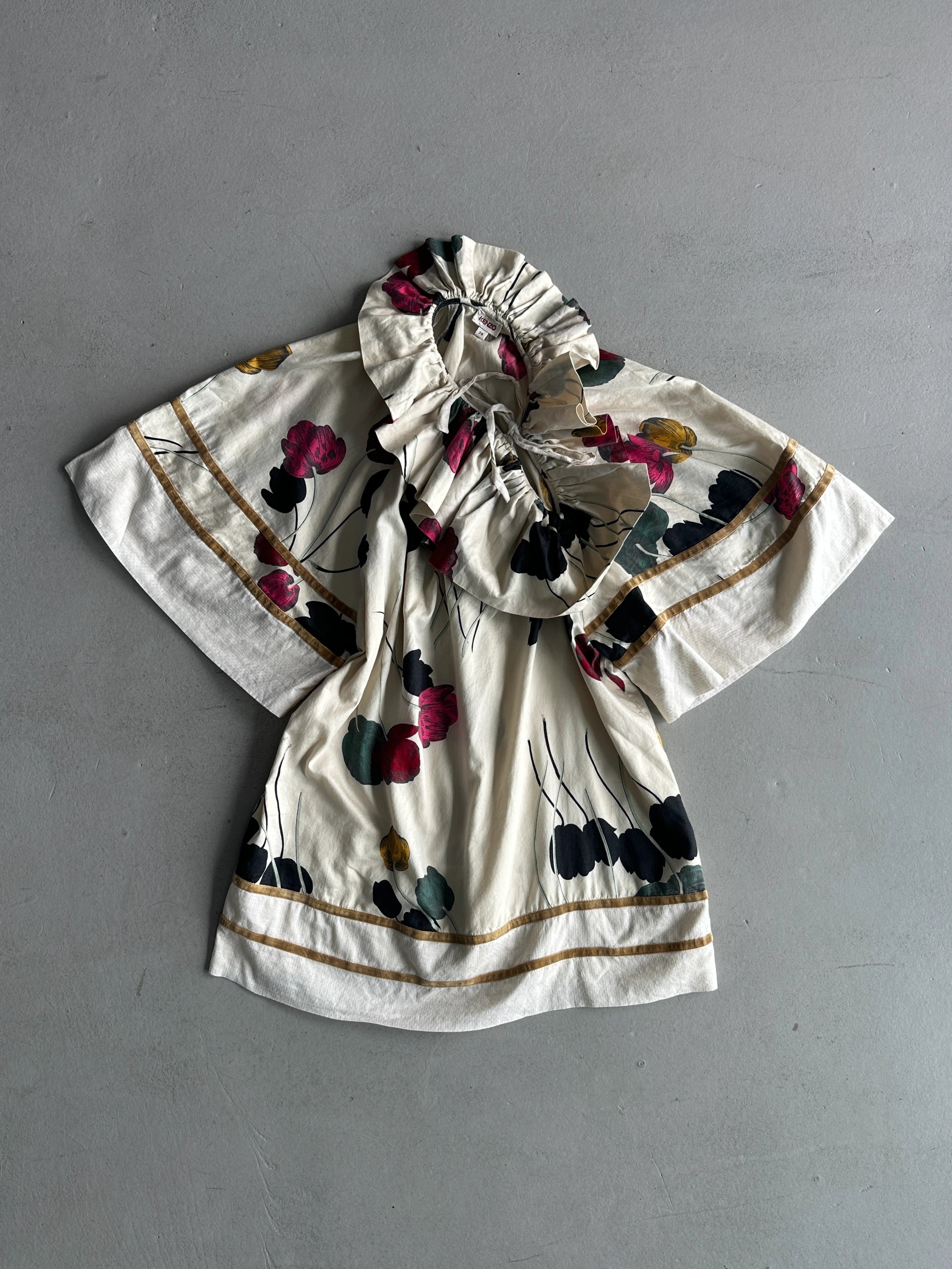 KENZO - 1990s FLORAL PRINT RUFFLED COLLAR SHORT SLEEVE TOP