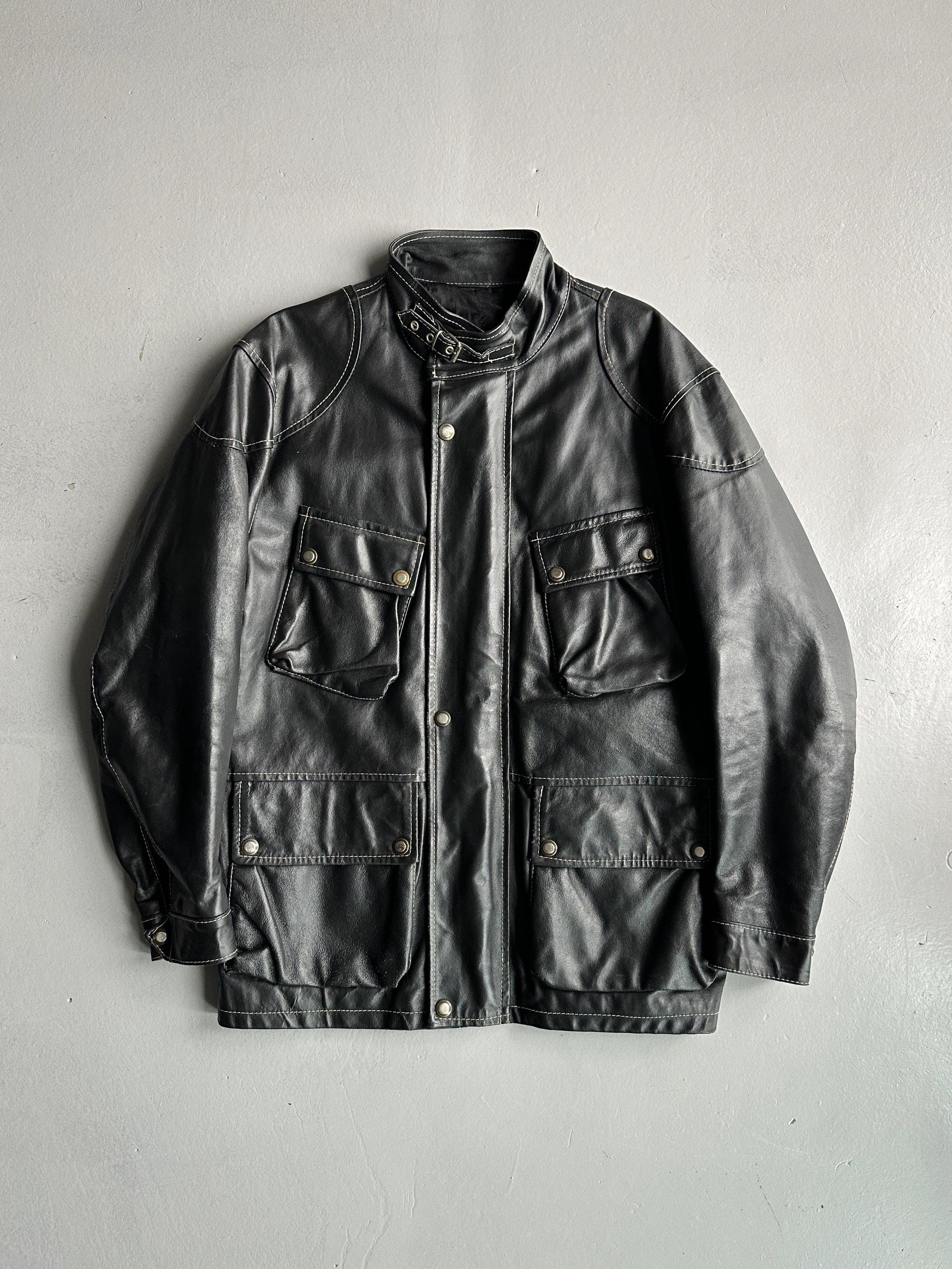 1980s FUNNEL NECK MULTI POCKET LEATHER JACKET