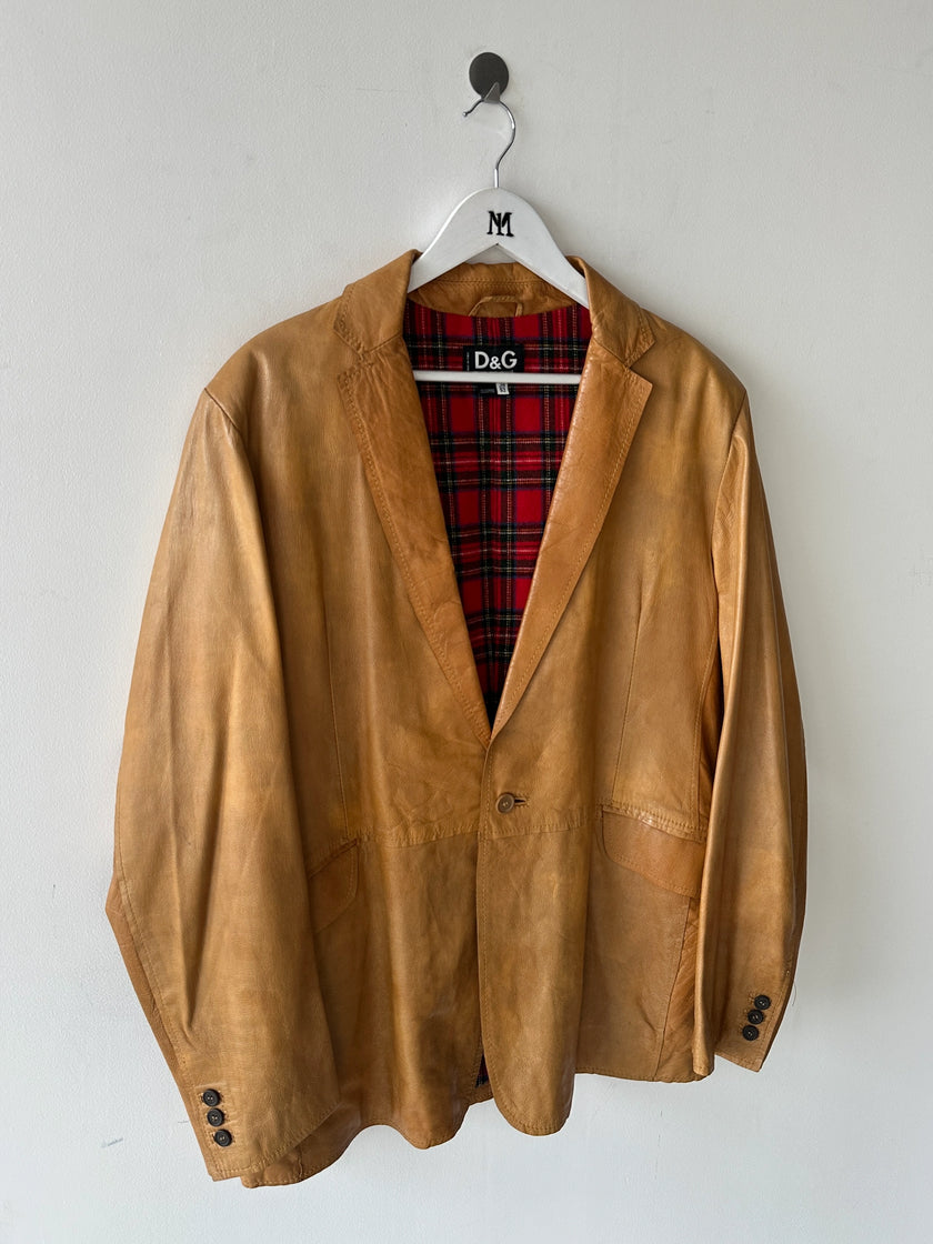 DOLCE & GABBANA - early 2000s DISTRESSED LEATHER BLAZER WITH TARTAN LINING