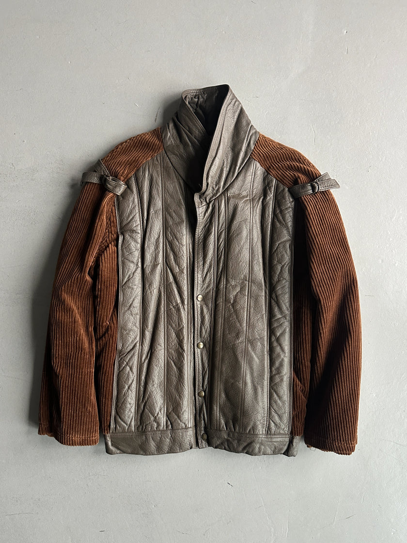 1980s OVERSIZED LEATHER BOMBER JACKET WITH CORDUROY SLEEVE