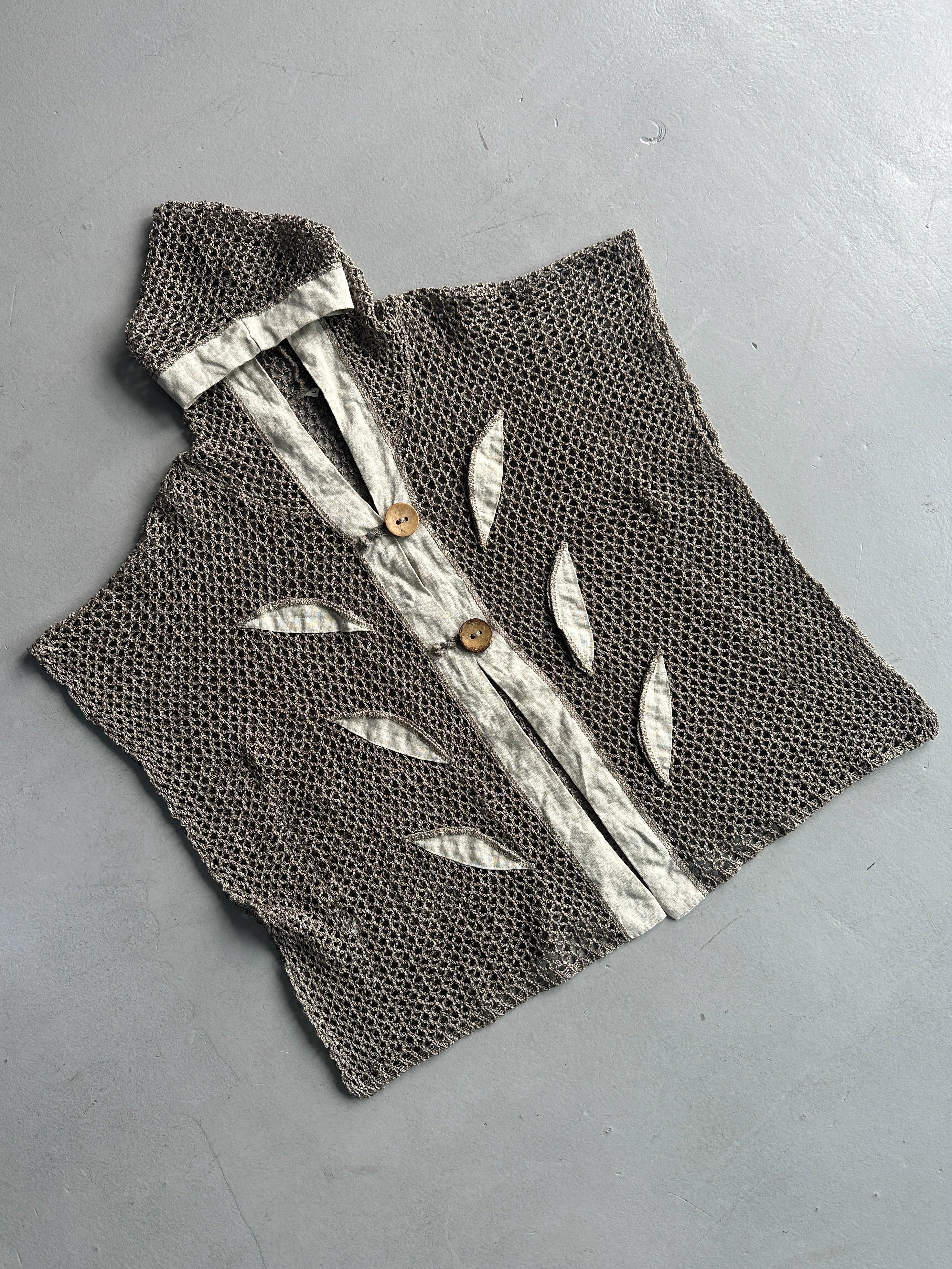 1990s OPEN KNIT HOODED CARDIGAN WITH LINEN DETAILS