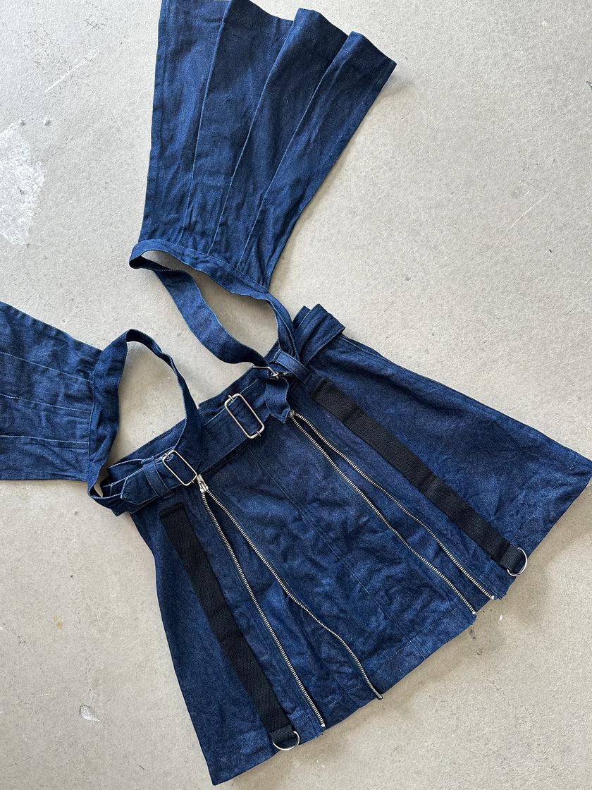1990s DOUBLE FLAPPY LAYERED BONDAGE MULTI ZIP DENIM SKIRT