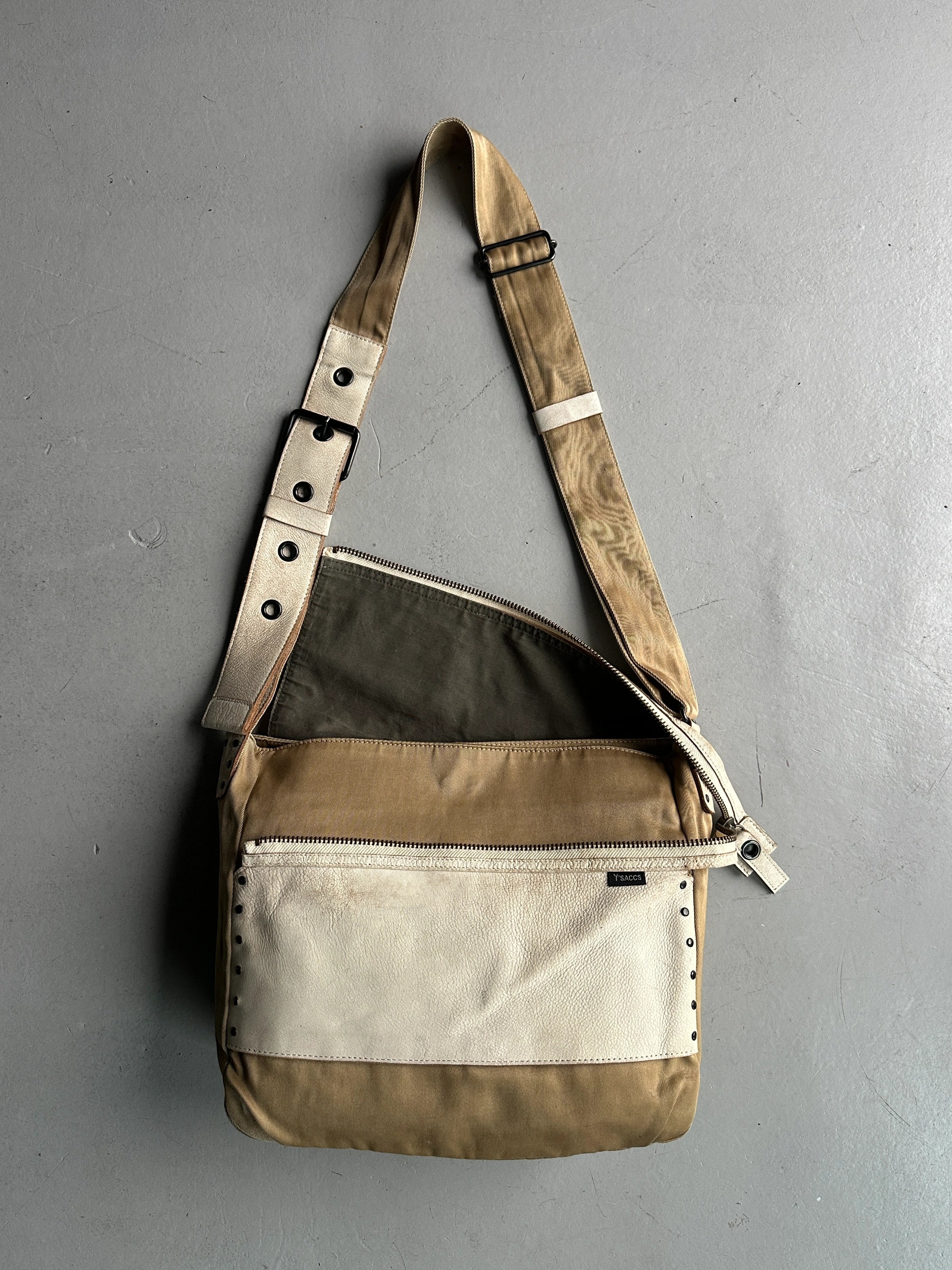YOHJI YAMAMOTO Y'SACCS - 1990s RECTANGULAR MESSENGER BAG WITH DISTRESSED LEATHER FRONT PANEL