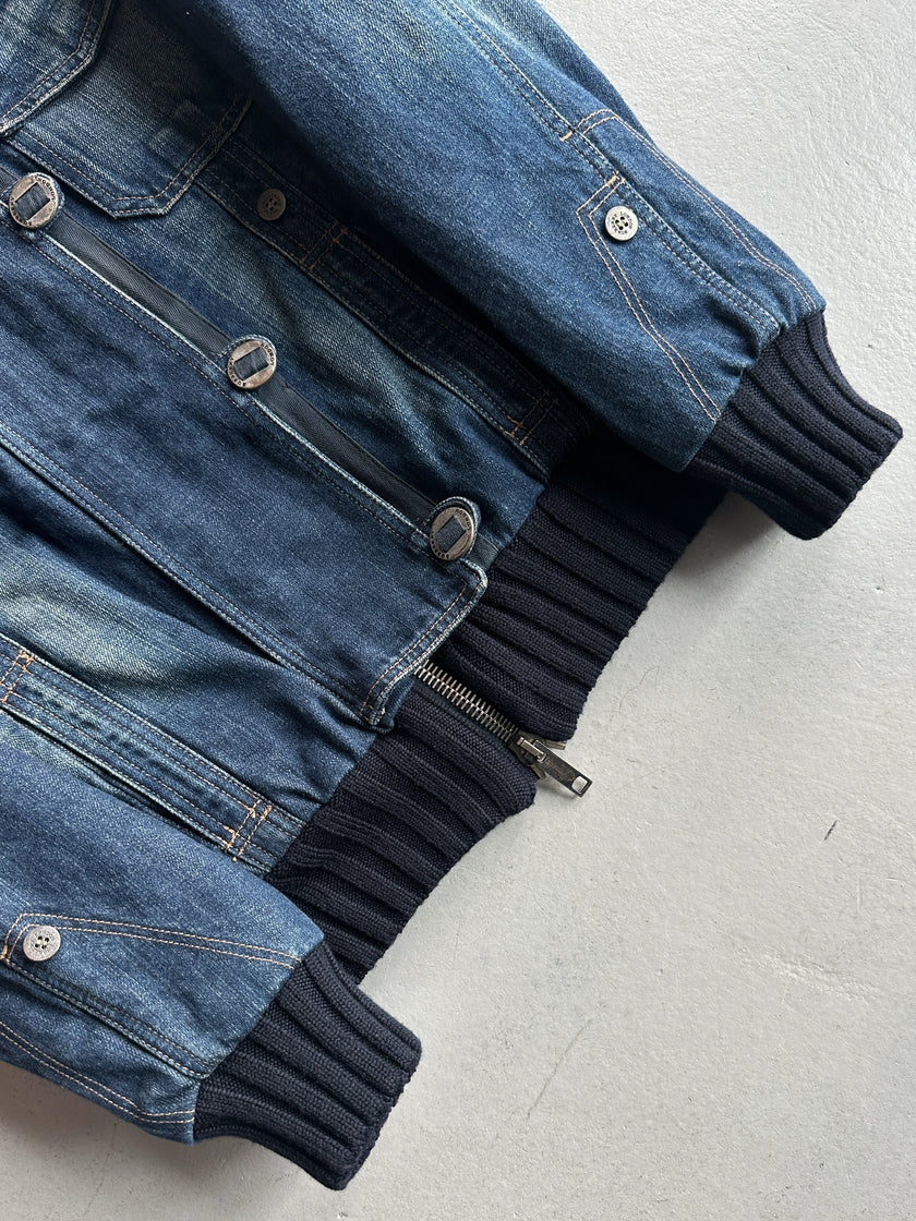 BURBERRY - 2000s DENIM BOMBER JACKET WITH KNITTED DETAILS