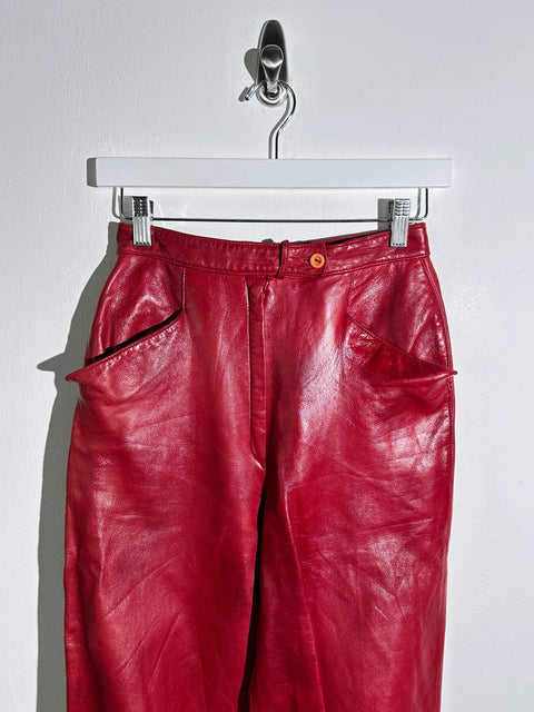 CERRUTI - 1980s CROPPED LEATHER TROUSERS WITH ANKLE TIE DETAILS