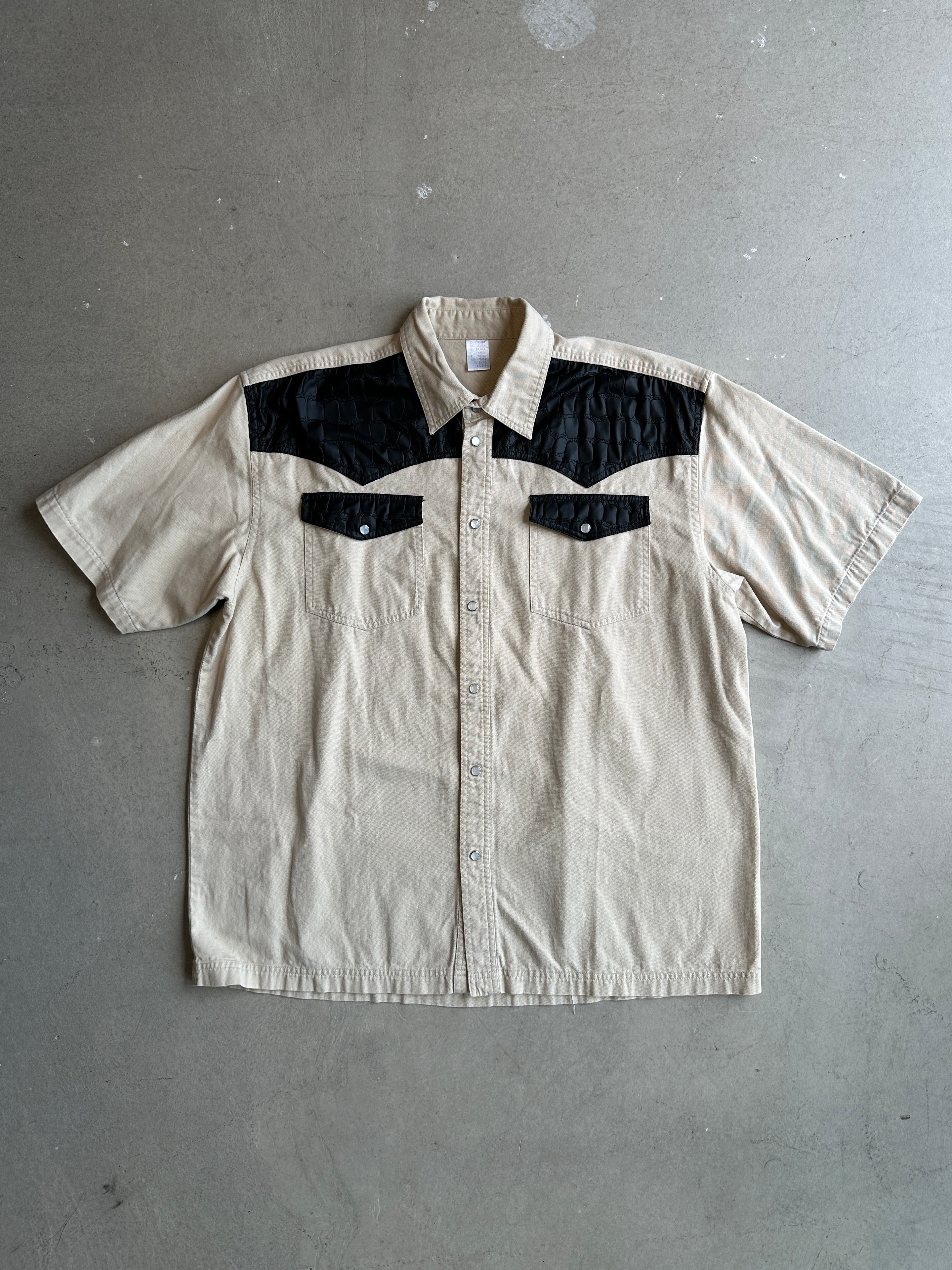 1990s HALF SLEEVE SHIRT WITH FAUX LEATHER DETAILS AT CHEST AND POCKETS