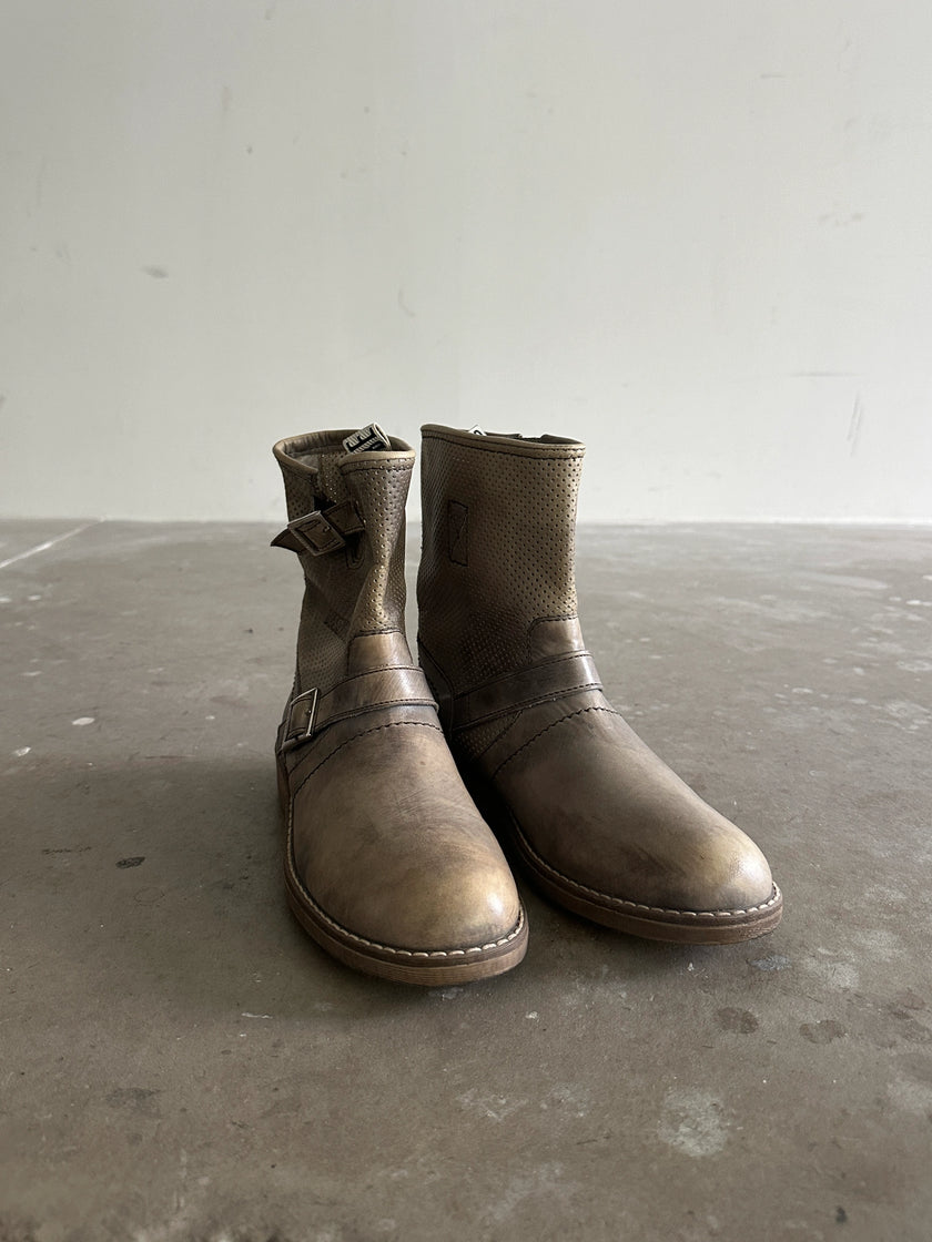 BIKKEMBERGS - 2000s PERFORATED DISTRESSED LEATHER ANKLE BOOTS