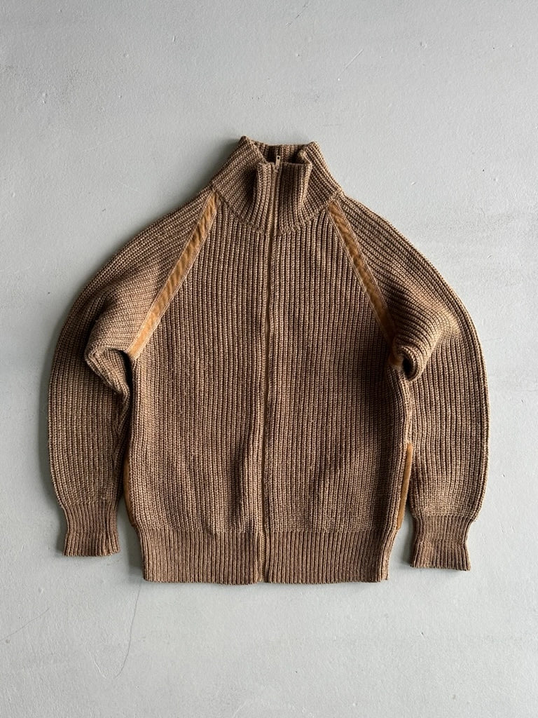 1980s CHUNKY KNIT ZIPPED CARDIGAN WITH SUEDE DETAILS