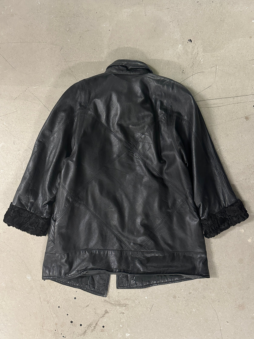 1970s LEATHER COAT WITH FUR CUFFS